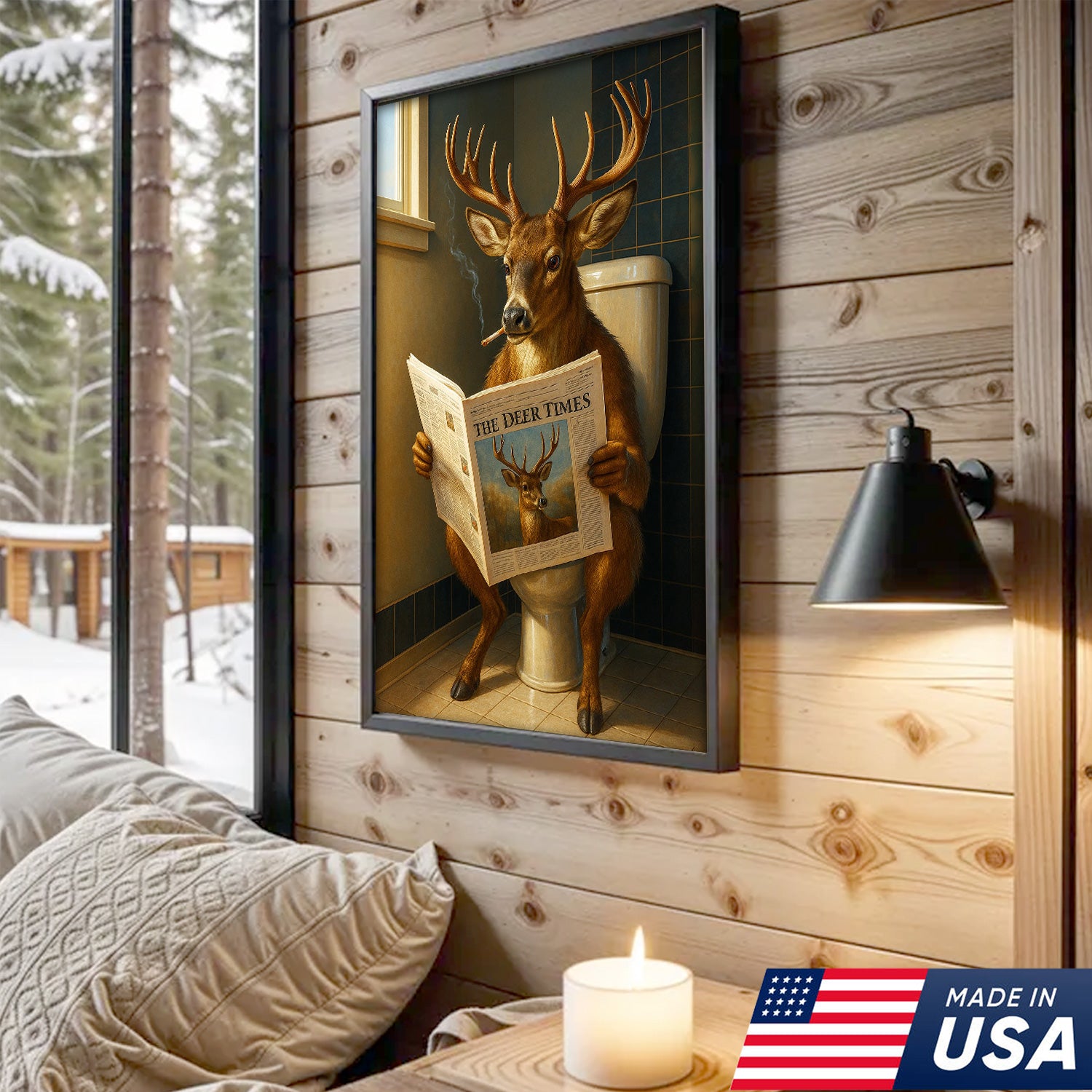 Funny Deer Canvas Wall Art – Buck Reading Newspaper on Toilet – Whitetail Deer Bathroom Humor Hunting Lodge Decor