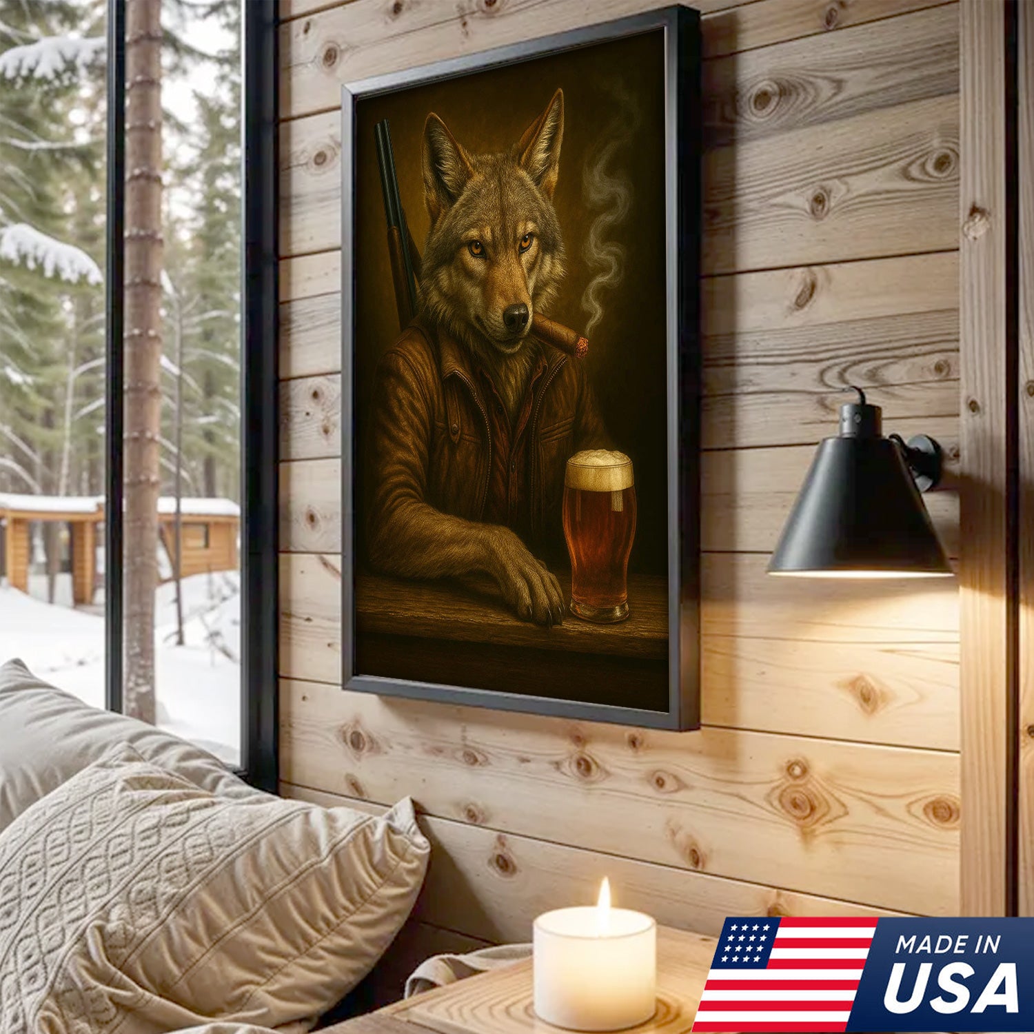 Alpha Wolf Coyote Canvas Wall Art – Fierce Surreal Portrait with Beer Glass, Bold Wilderness Decor