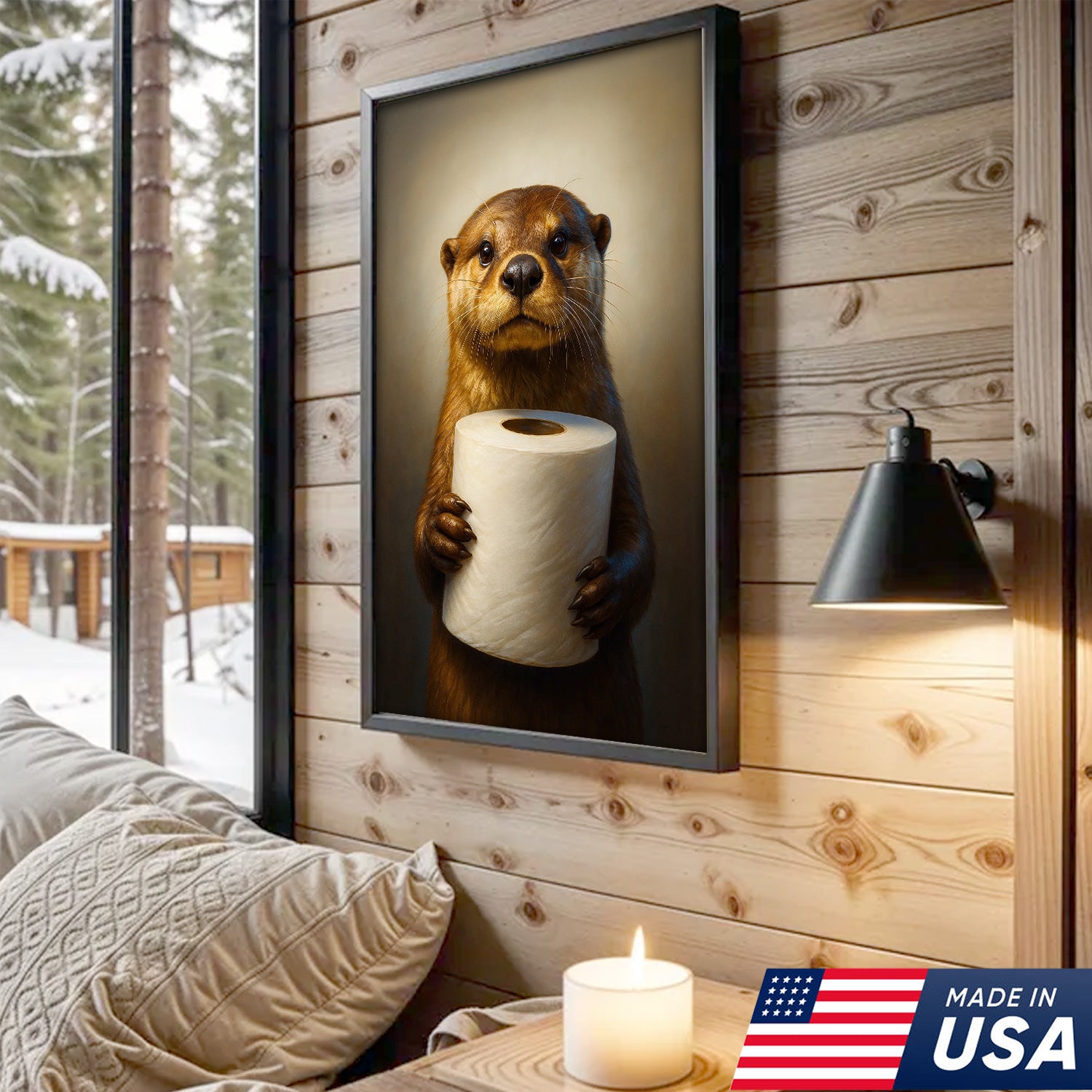 Funny Otter Canvas Wall Art - Cute Bathroom Decor with Toilet Paper - Rustic Wildlife Print