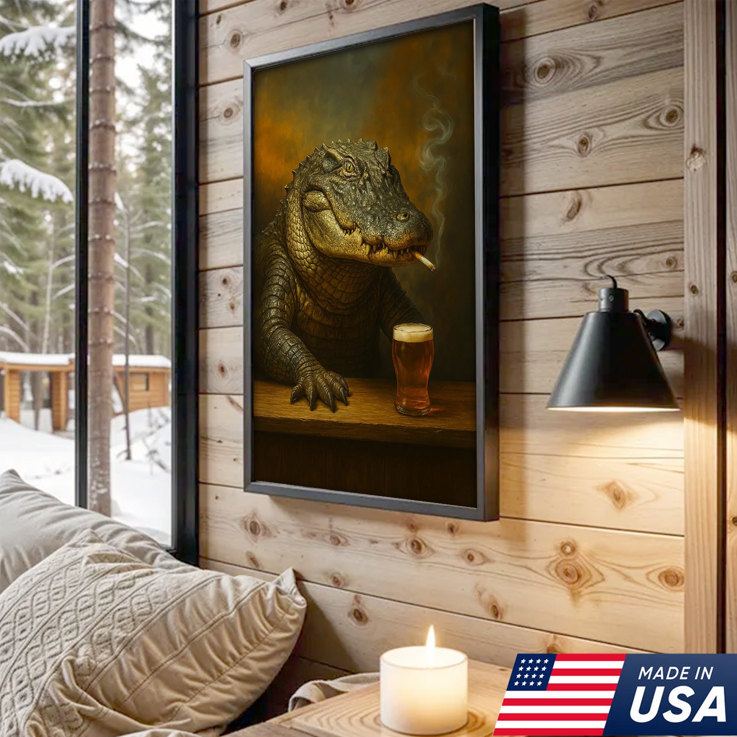 Alligator Wall Art Canvas – Rustic Wildlife Animal Print for Hunting Cabin, Lodge, or Man Cave Décor