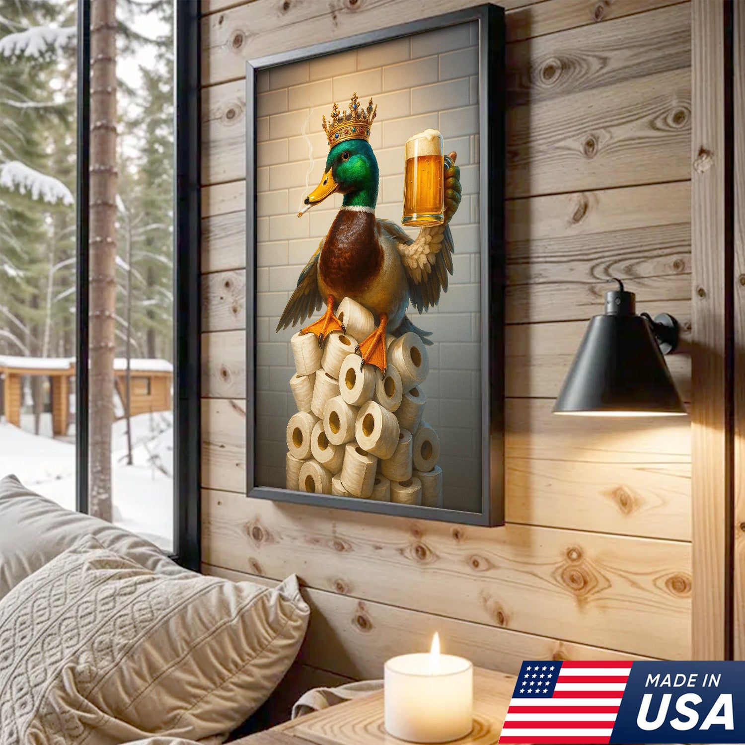 Royal Duck Canvas Wall Art - Funny Bathroom Decor with Crown and Beer - Rustic Wildlife Lodge Print