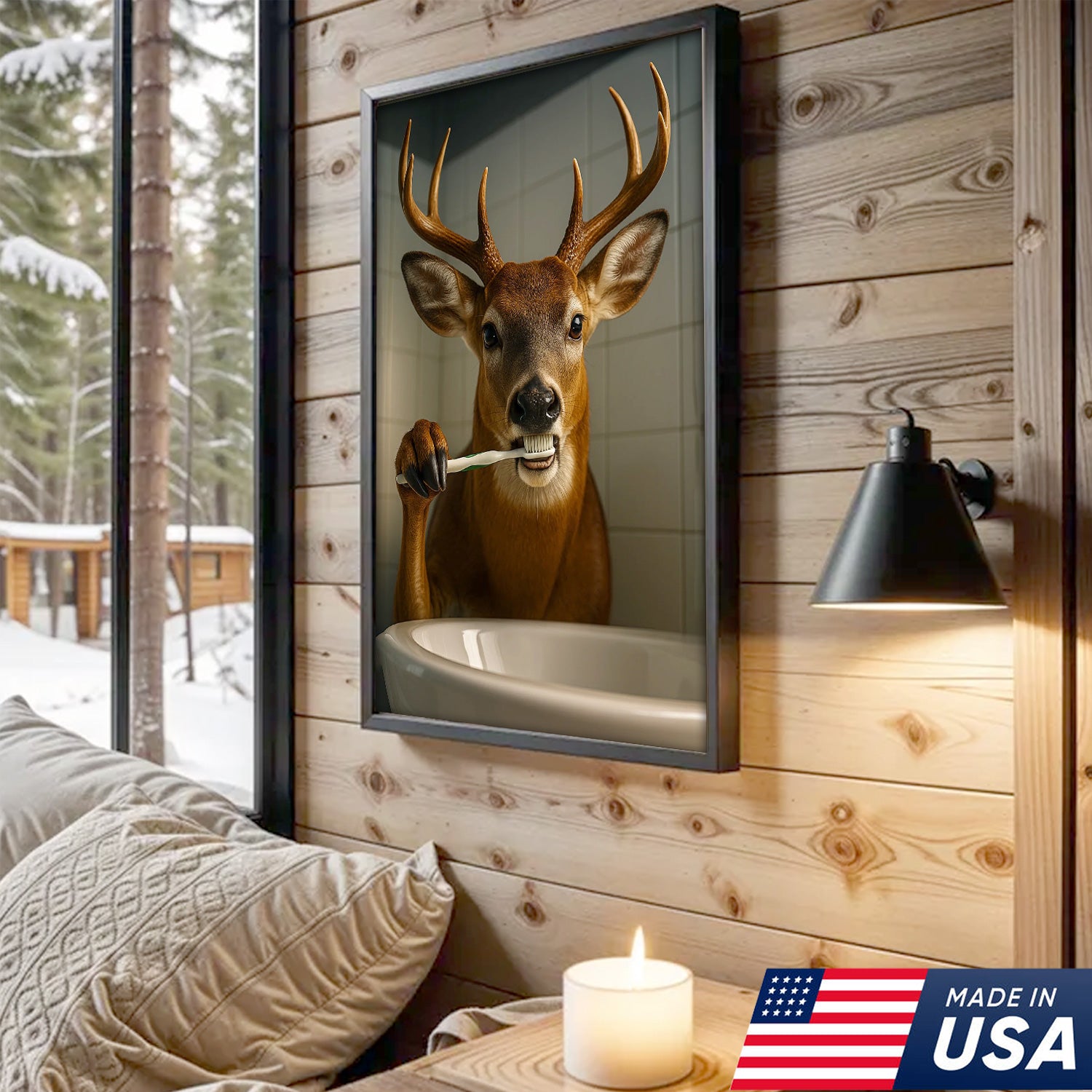 Deer Canvas Wall Art – Funny Buck Brushing Teeth Unique Bathroom Decor for Hunters