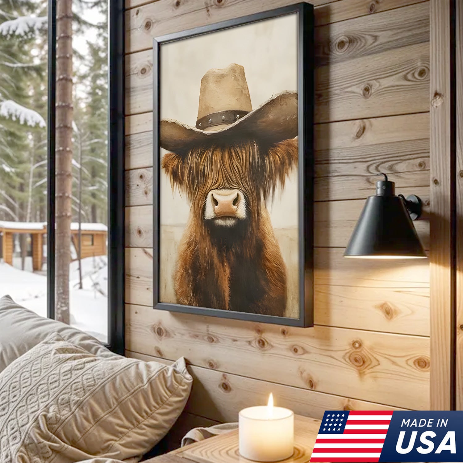 Western Farm Animal Trio Canvas Wall Art Set, Cowboy Duck Raccoon Highland Cow Portraits