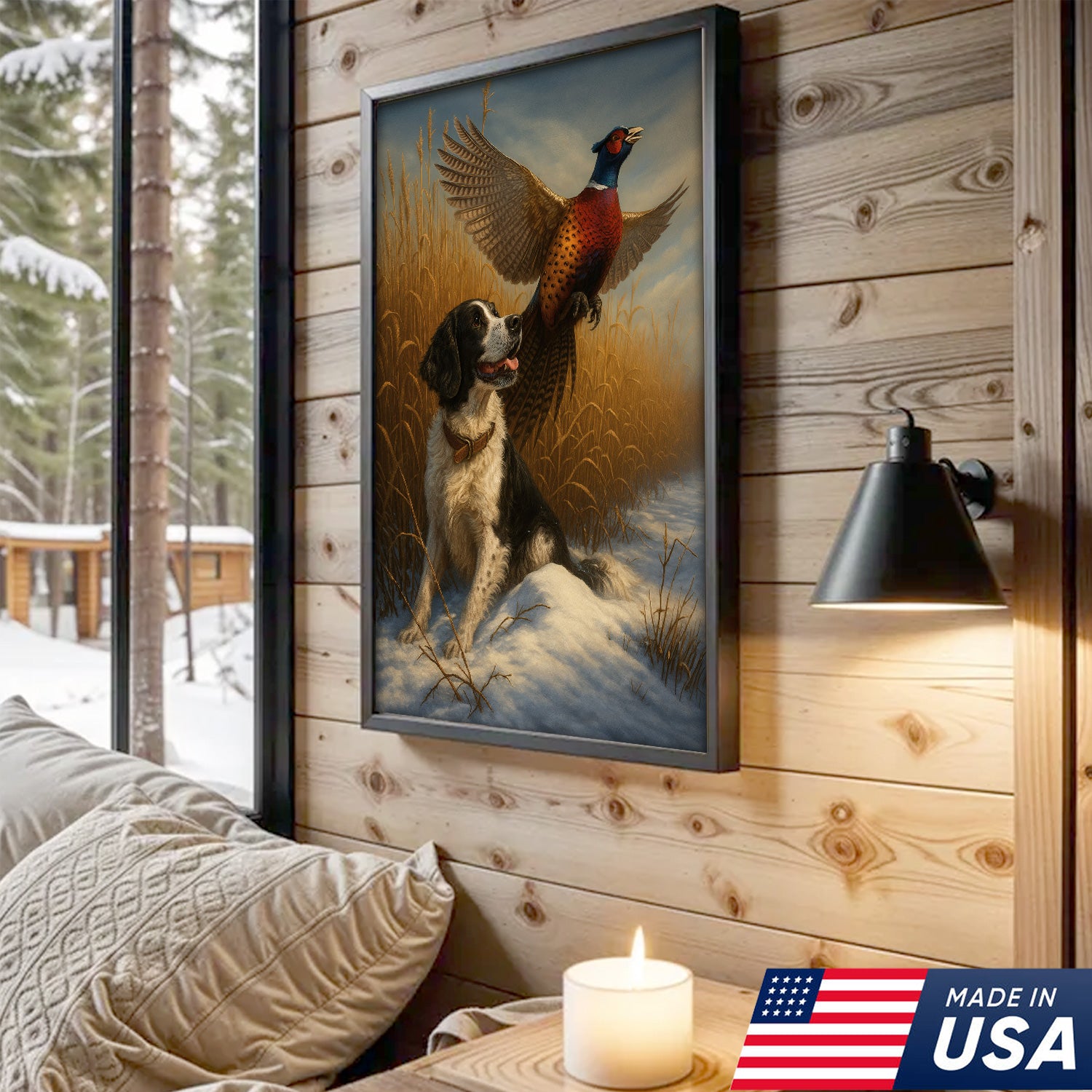 Hunting Dog & Pheasant in Winter Field Canvas – Classic Wildlife Wall Art for Lodge & Nature Decor