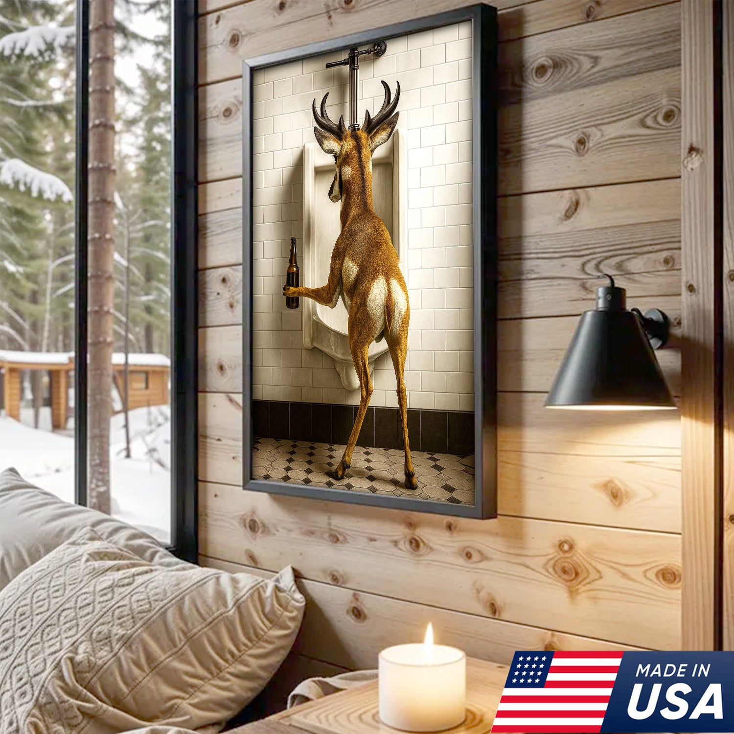 Funny Pronghorn Canvas Wall Art - Rustic Bathroom Lodge Decor for Hunters - Unique Wildlife Cabin Print