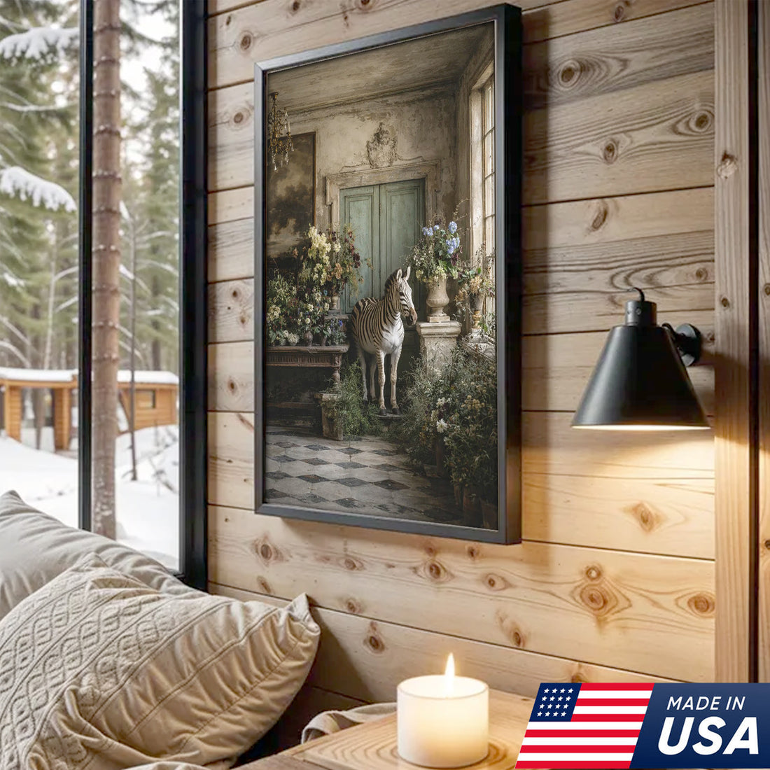 Surreal Zebra Interior Canvas Wall Art, Elegant Zebra in Vintage Floral Room