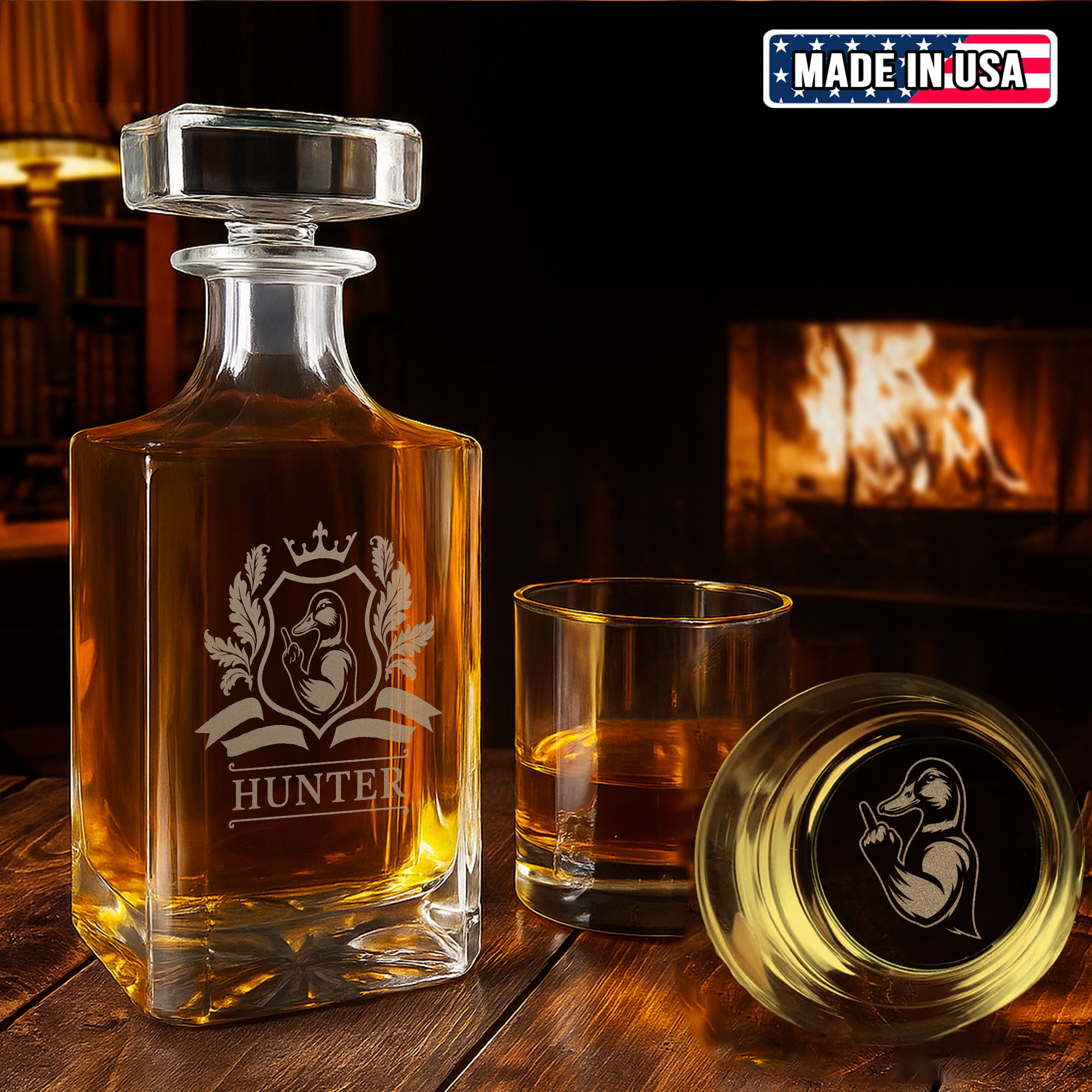 Funny Duck Whiskey Decanter Set – Engraved Drinking Glass for Hunters & Whiskey Lovers