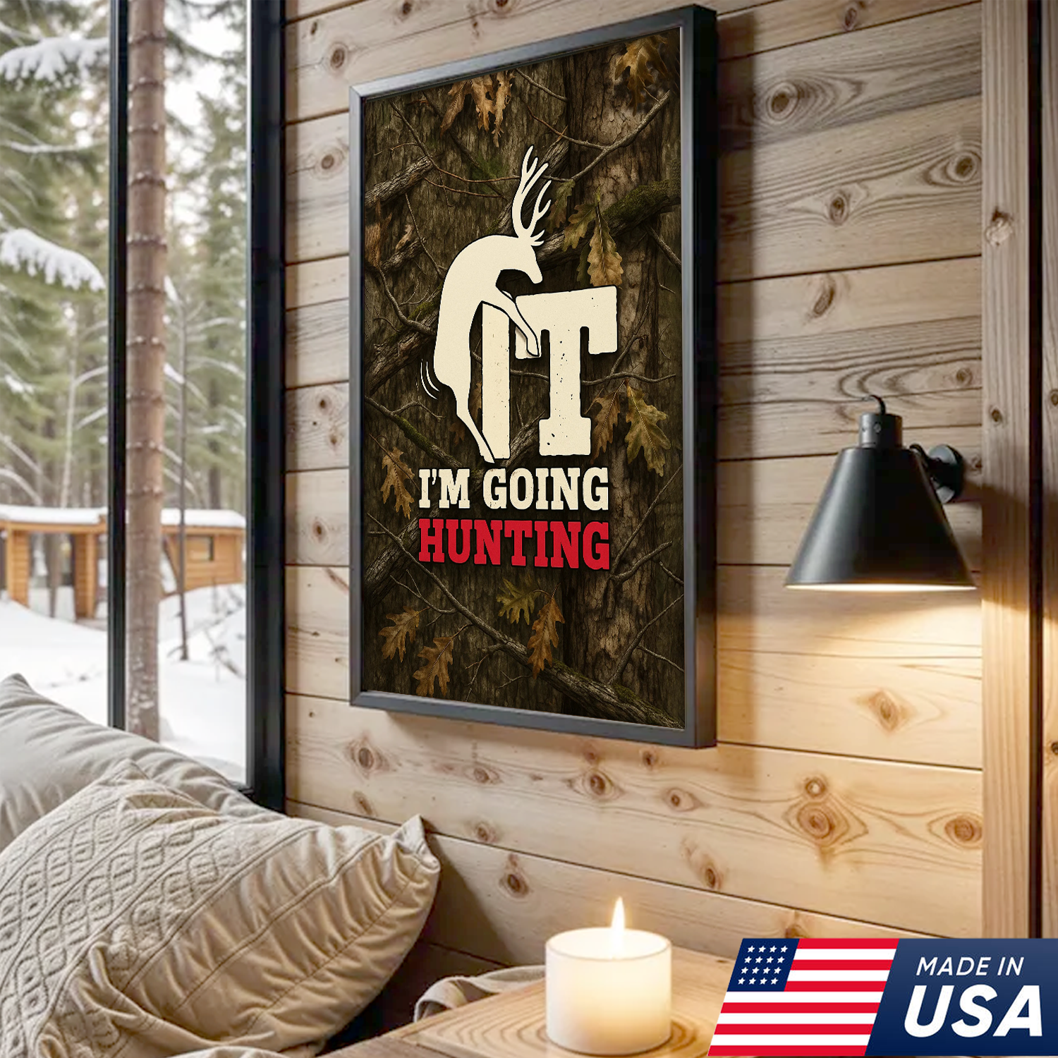 Funny Deer Hunting Canvas Wall Art - Rustic Camo Design for Hunters - Man Cave and Cabin Decor