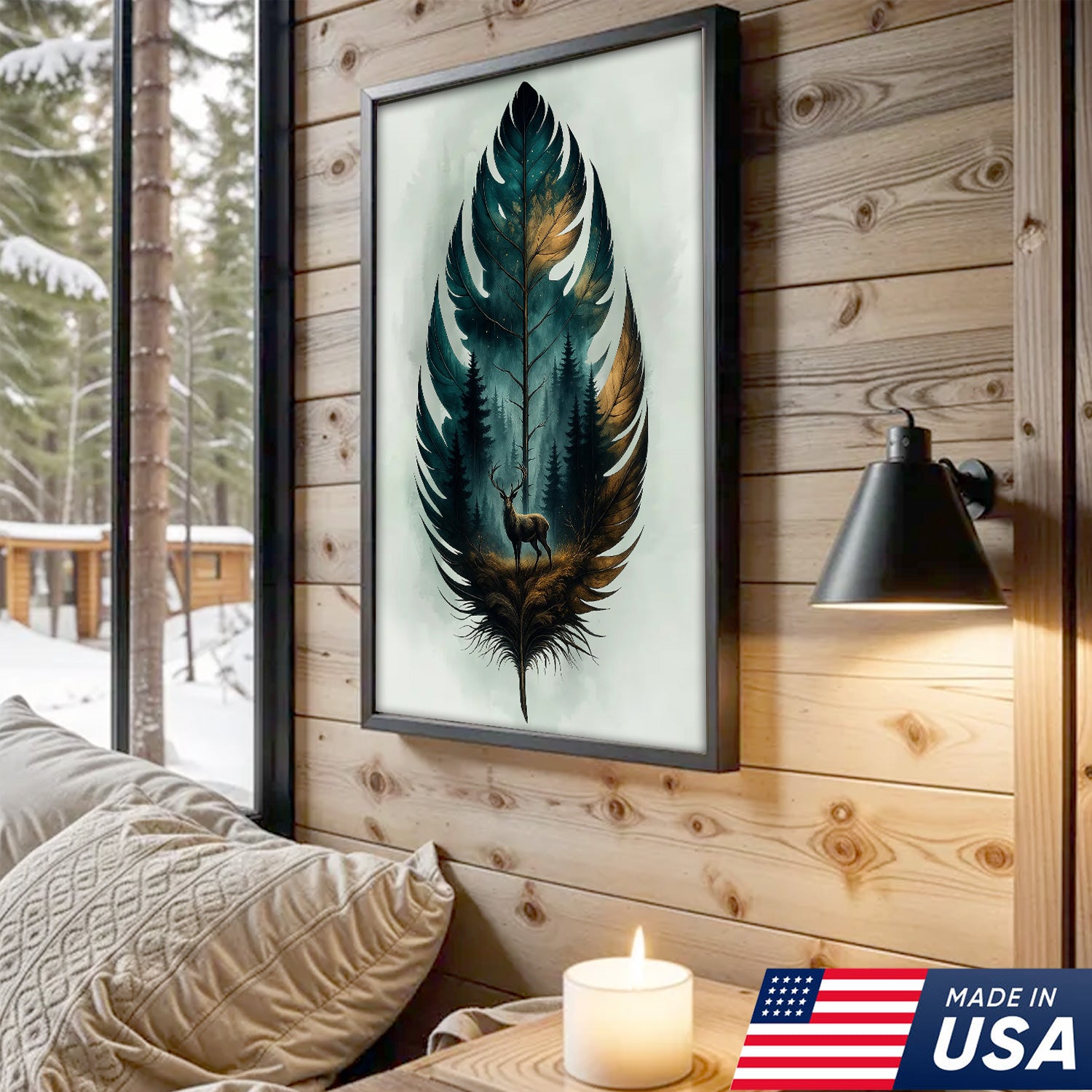 Rustic Deer And Feather Canvas Wall Art – Nature Forest Wildlife Print – Cabin & Lodge Hunting Decor