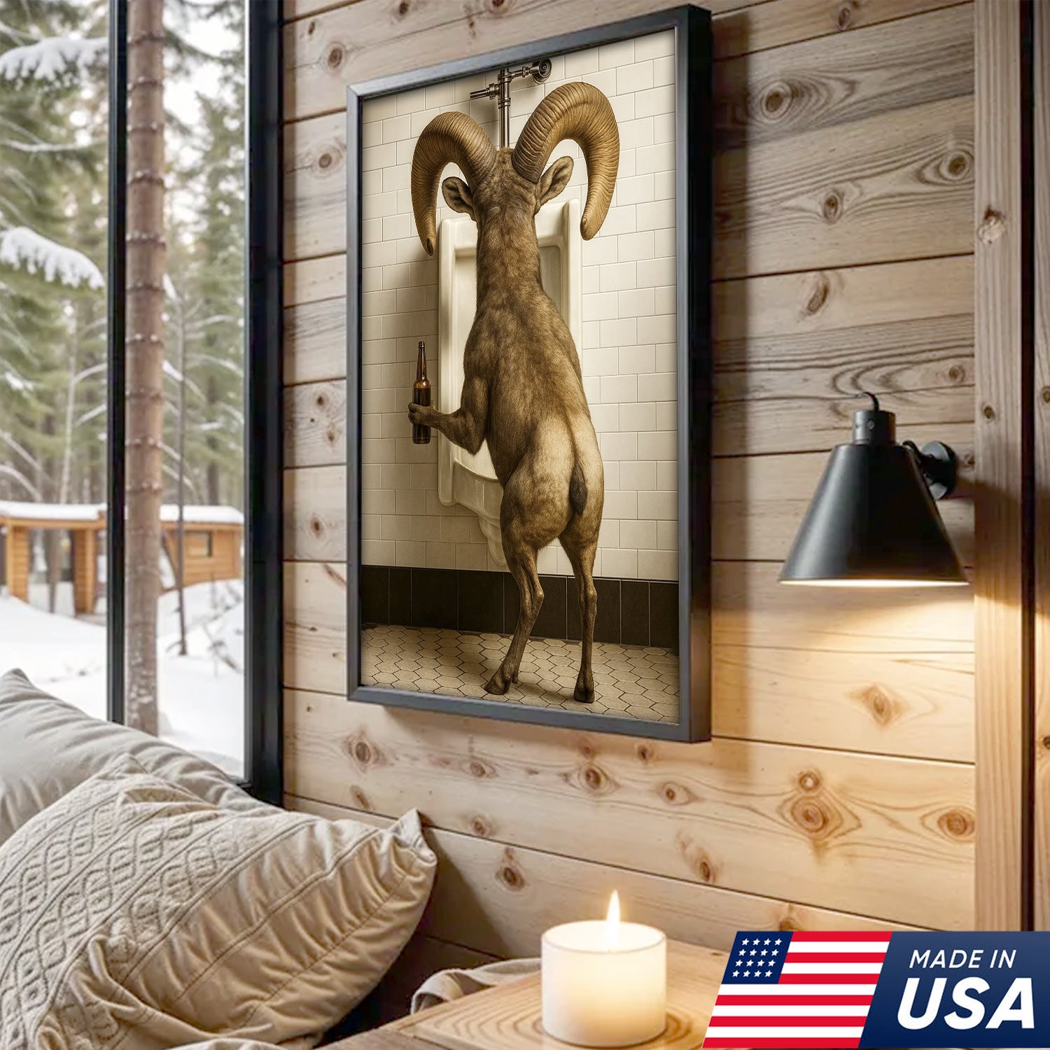 Humorous Big Horn Sheep Canvas Wall Art - Rustic Lodge Bathroom Decor for Cabin and Farmhouse - Wildlife Lover Gift