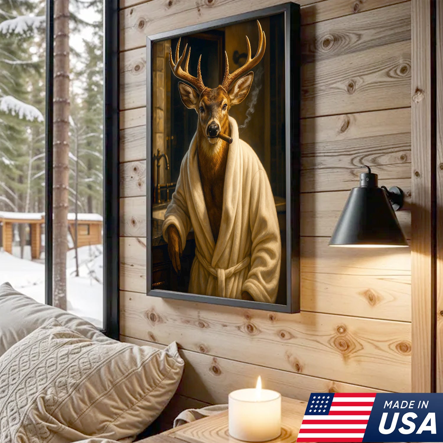 Deer Canvas Wall Art – Stylish Buck in Bathrobe Smoking Cigar Rustic Bathroom Decor for Hunters