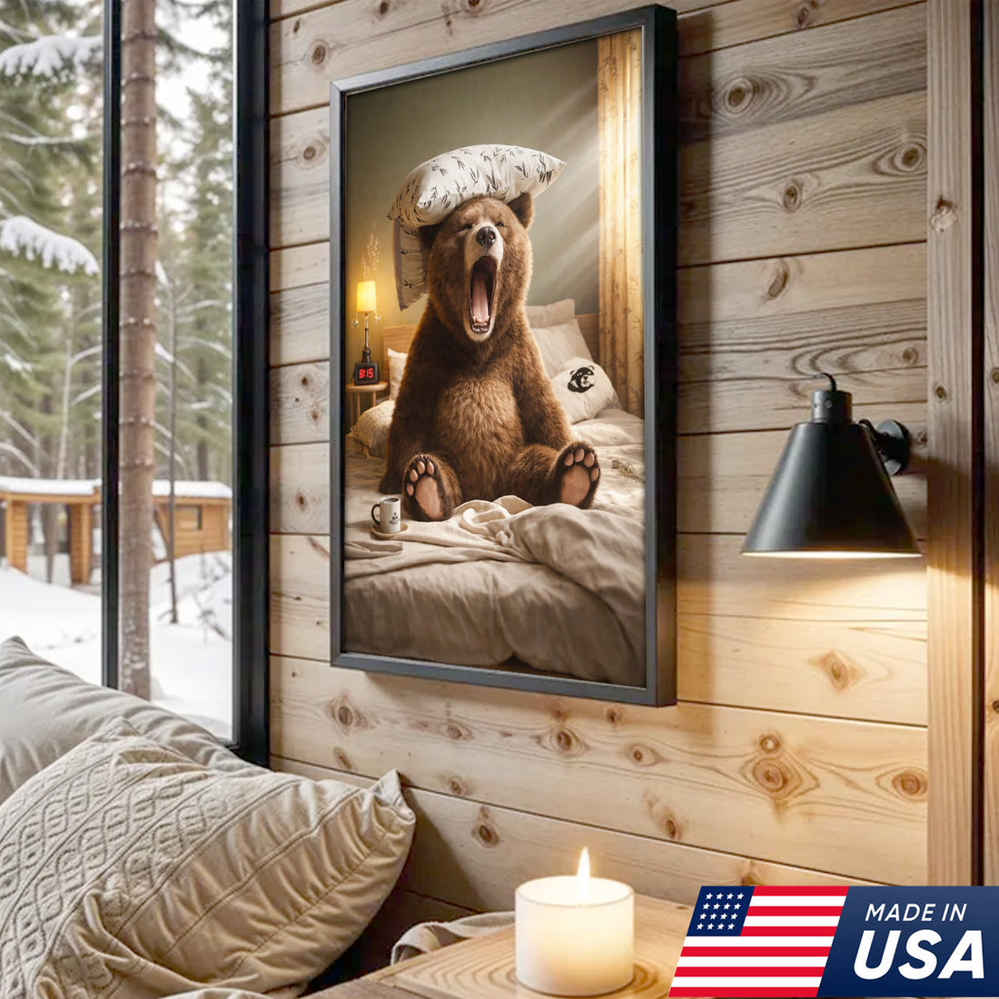 Funny Sleepy Bear Canvas Wall Art, Yawning Bear in Bed with Pillow, Cozy Bedroom Animal Art, Humorous Home Decor Gift