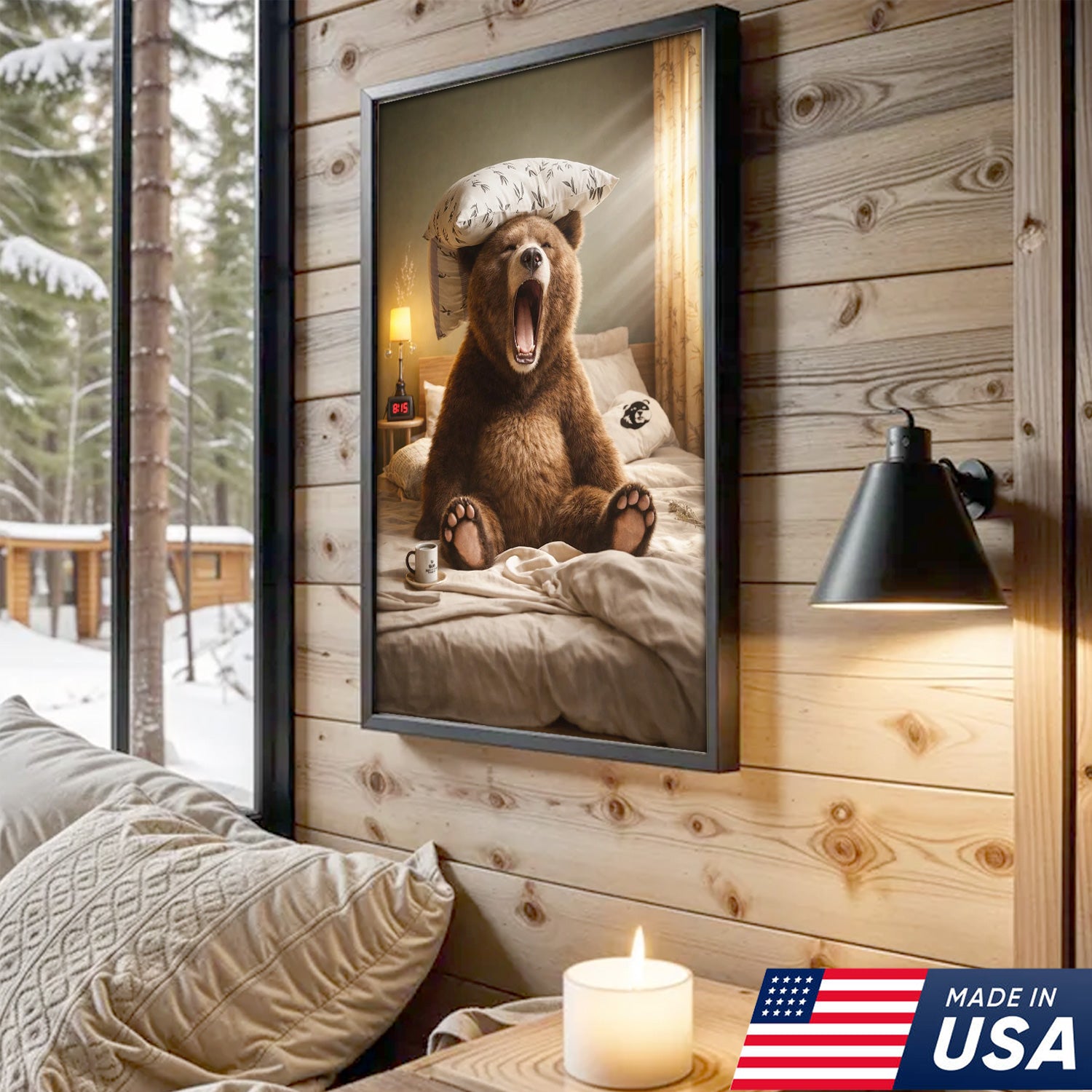 Funny Sleepy Bear Canvas Wall Art, Yawning Bear in Bed with Pillow, Cozy Bedroom Animal Art