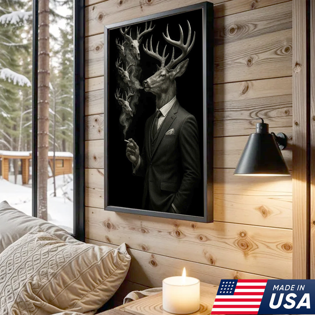 Gentleman Deer Canvas Wall Art, Elegant Buck in Suit Artwork, Rustic Cabin Decor for Hunters, Modern Wildlife Portrait Painting