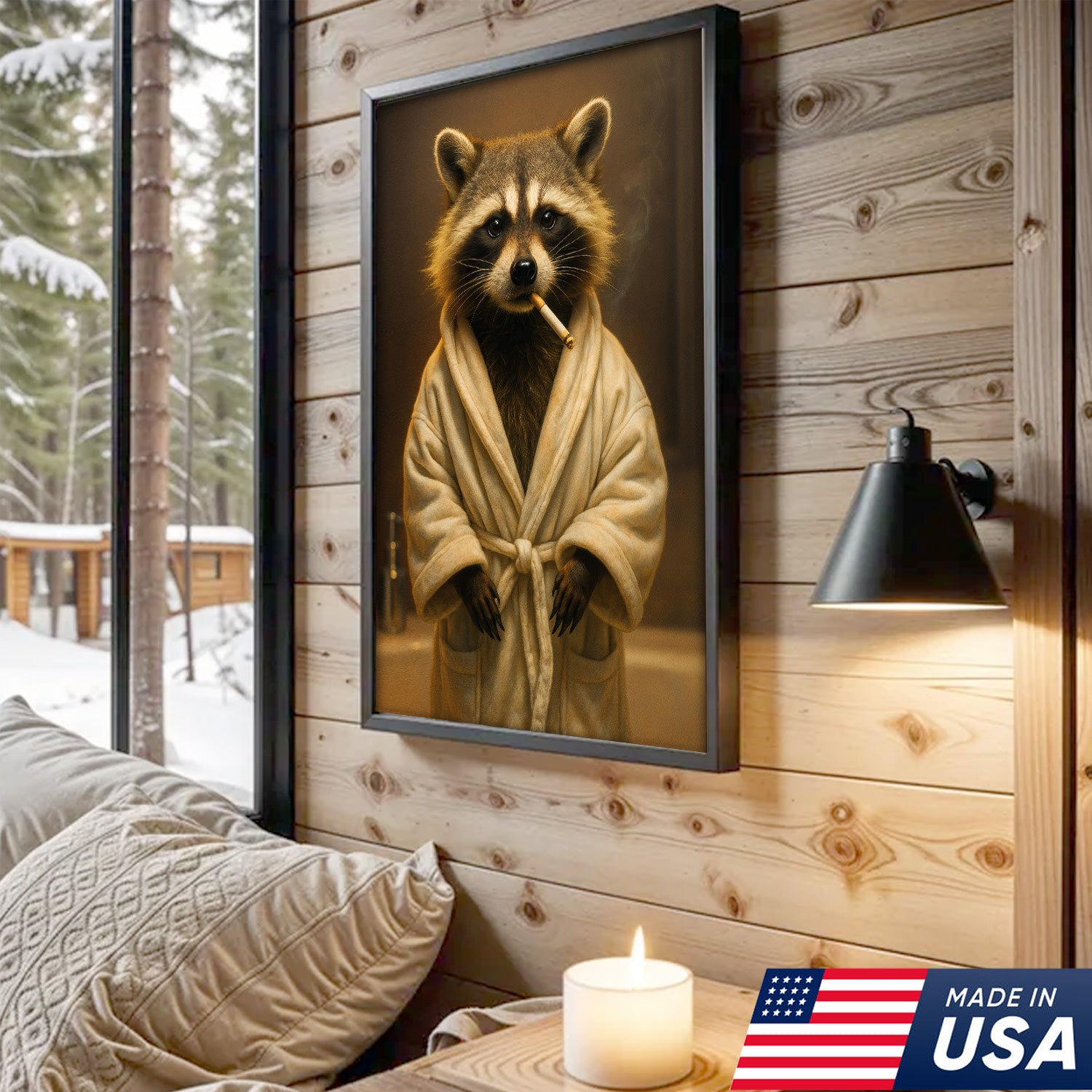 Hilarious Raccoon Bathrobe Canvas – Cozy Bathroom Humor Wall Art, Man Cave Decor