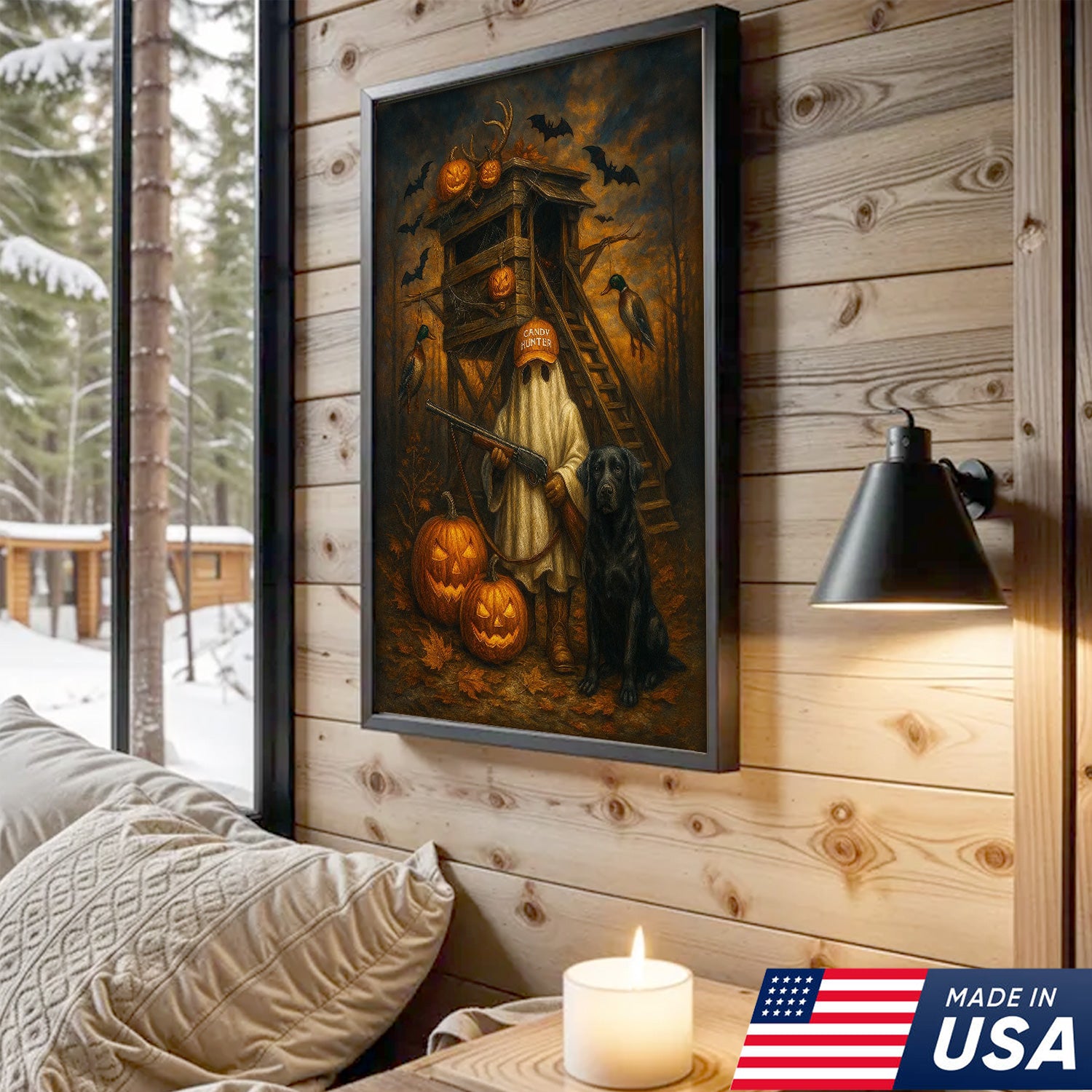 Halloween Canvas Wall Art – Ghost Hunter and Black Lab, Pumpkins, Bats and Ducks – Rustic Fall Farmhouse Hunting Decor