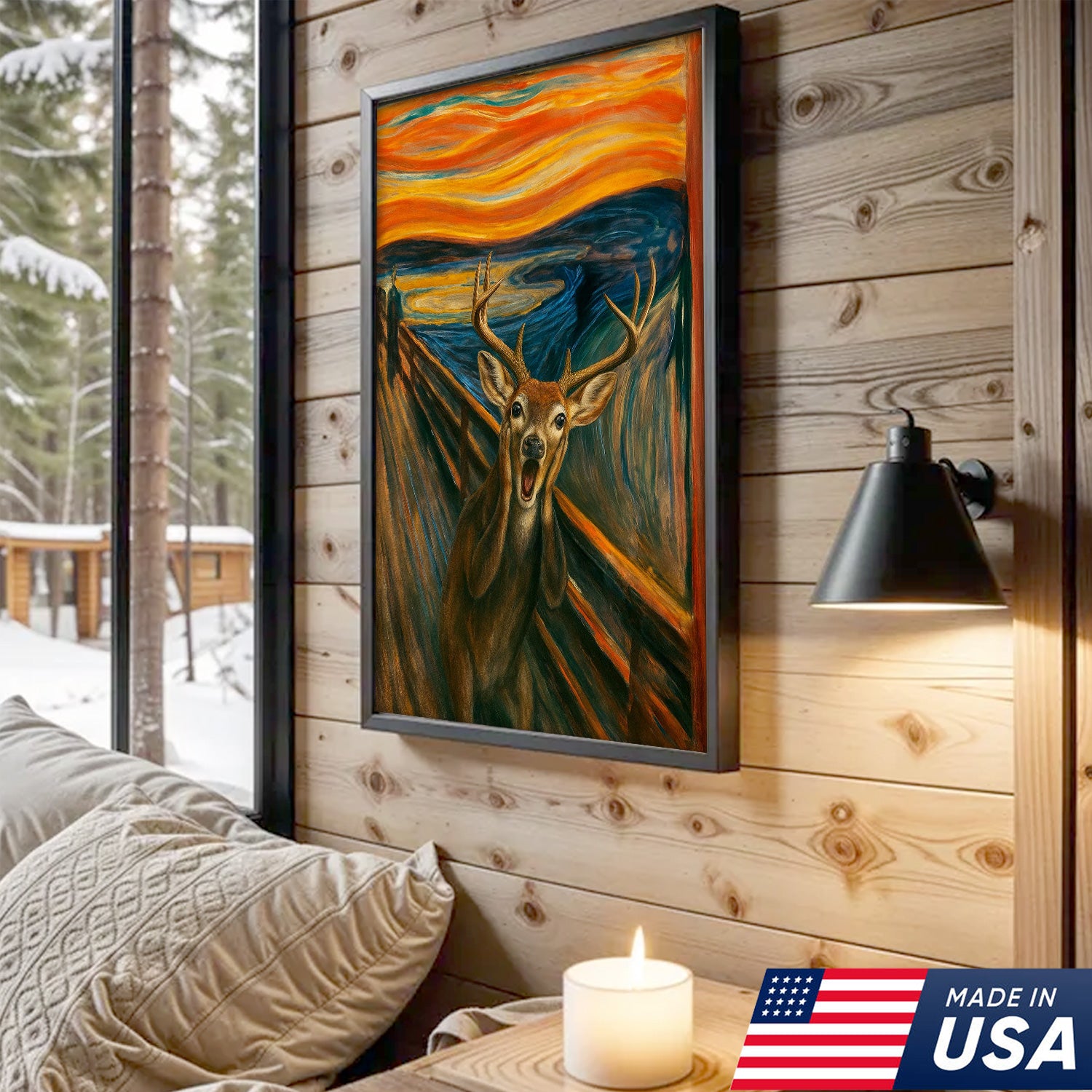 Funny Deer Wall Art Canvas – The Scream Parody Hunting Decor – Rustic Wildlife Home Decoration