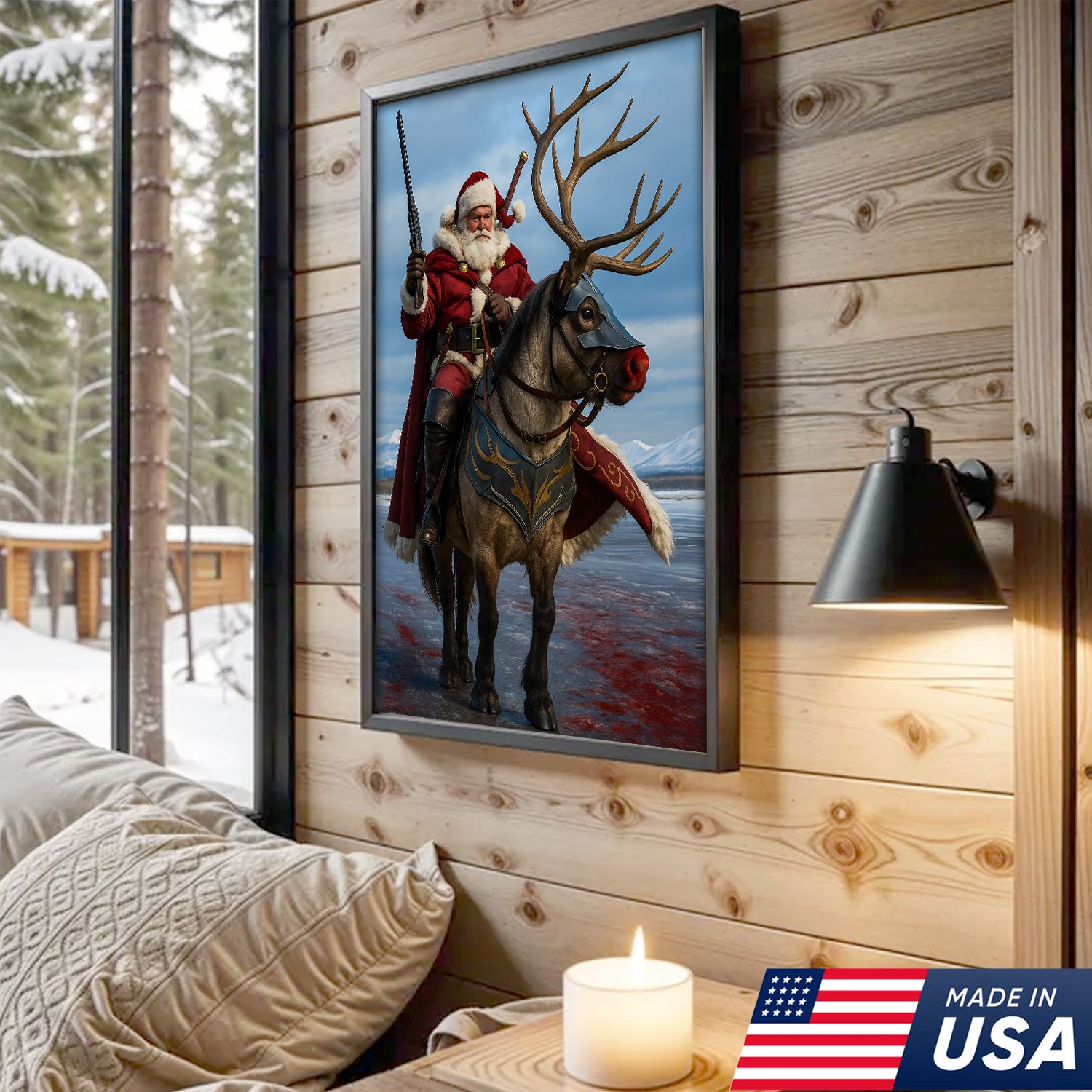 Epic Santa Riding Reindeer Canvas Wall Art, Fantasy Warrior Santa on Armored Reindeer Poster, Winter Christmas Wall Decor Print