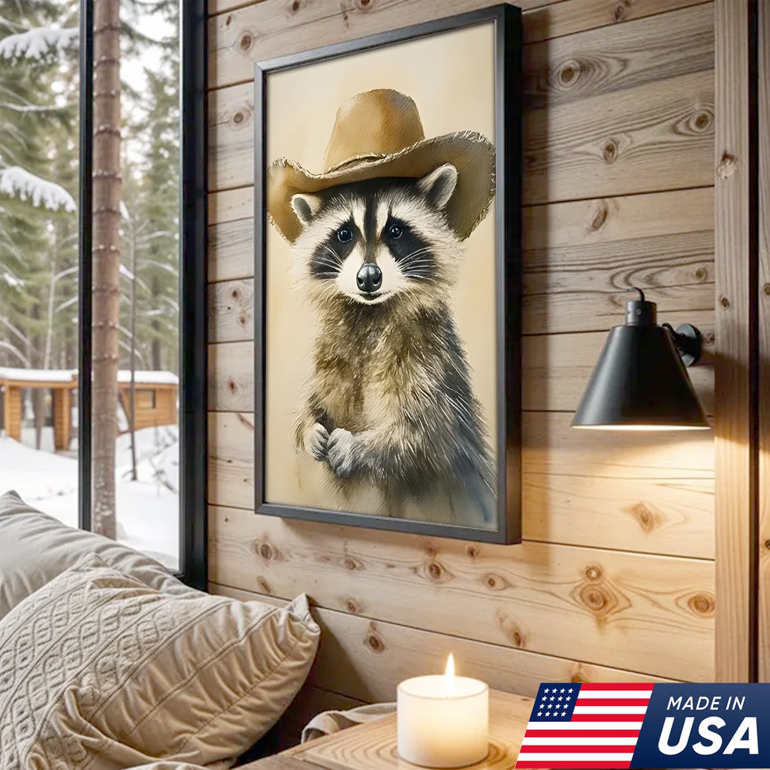 Western Farm Animal Trio Canvas Wall Art Set, Cowboy Duck Raccoon Highland Cow Portraits