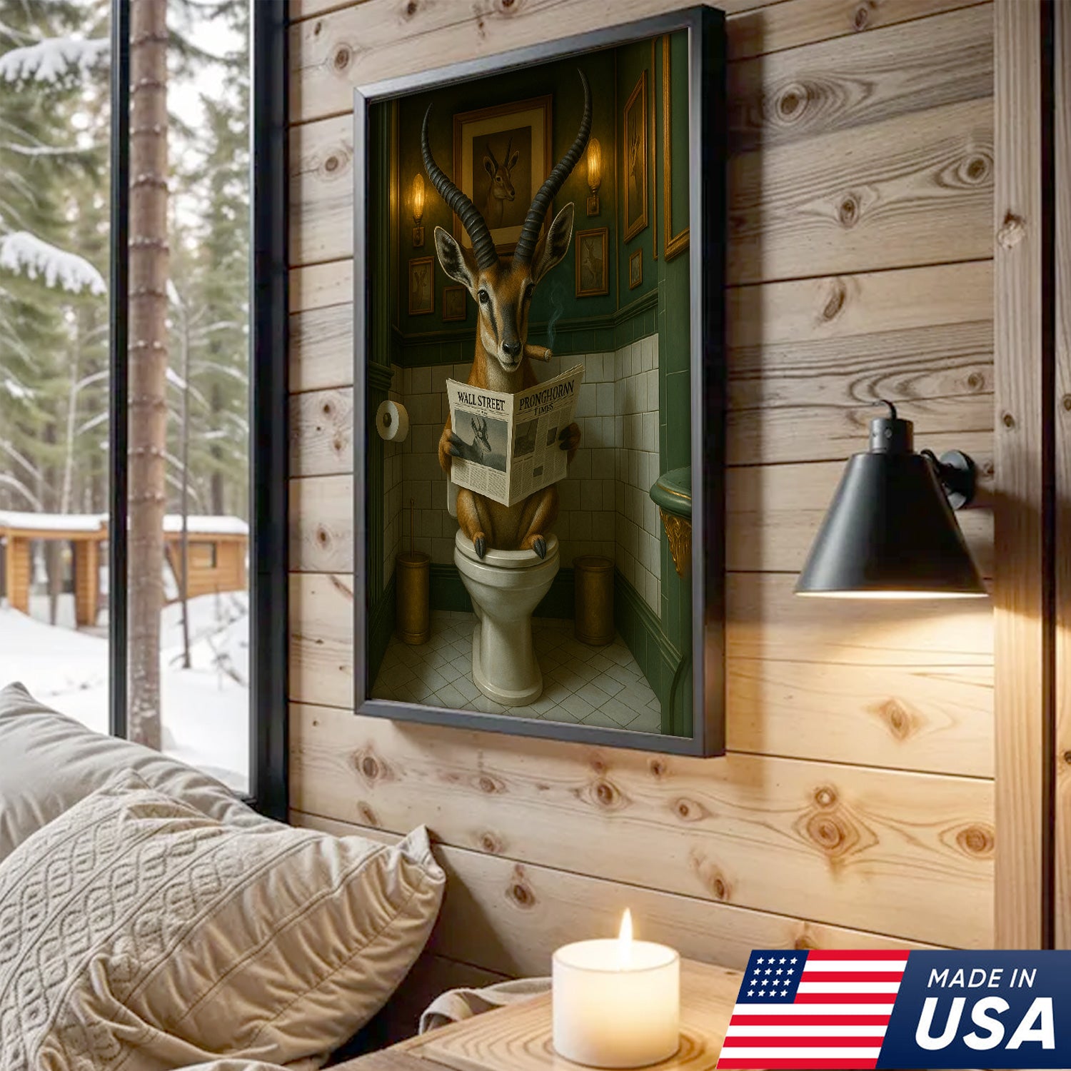 Funny Pronghorn Deer Wall Art – Hilarious Deer Hunting Bathroom Canvas for Hunters & Man Cave Decor