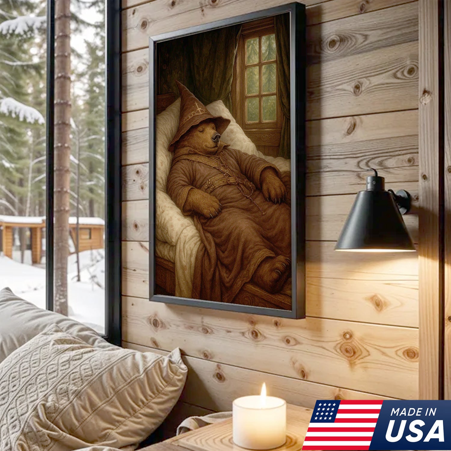 Sleeping Wizard Bear Canvas Wall Art, Cozy Fantasy Animal Poster