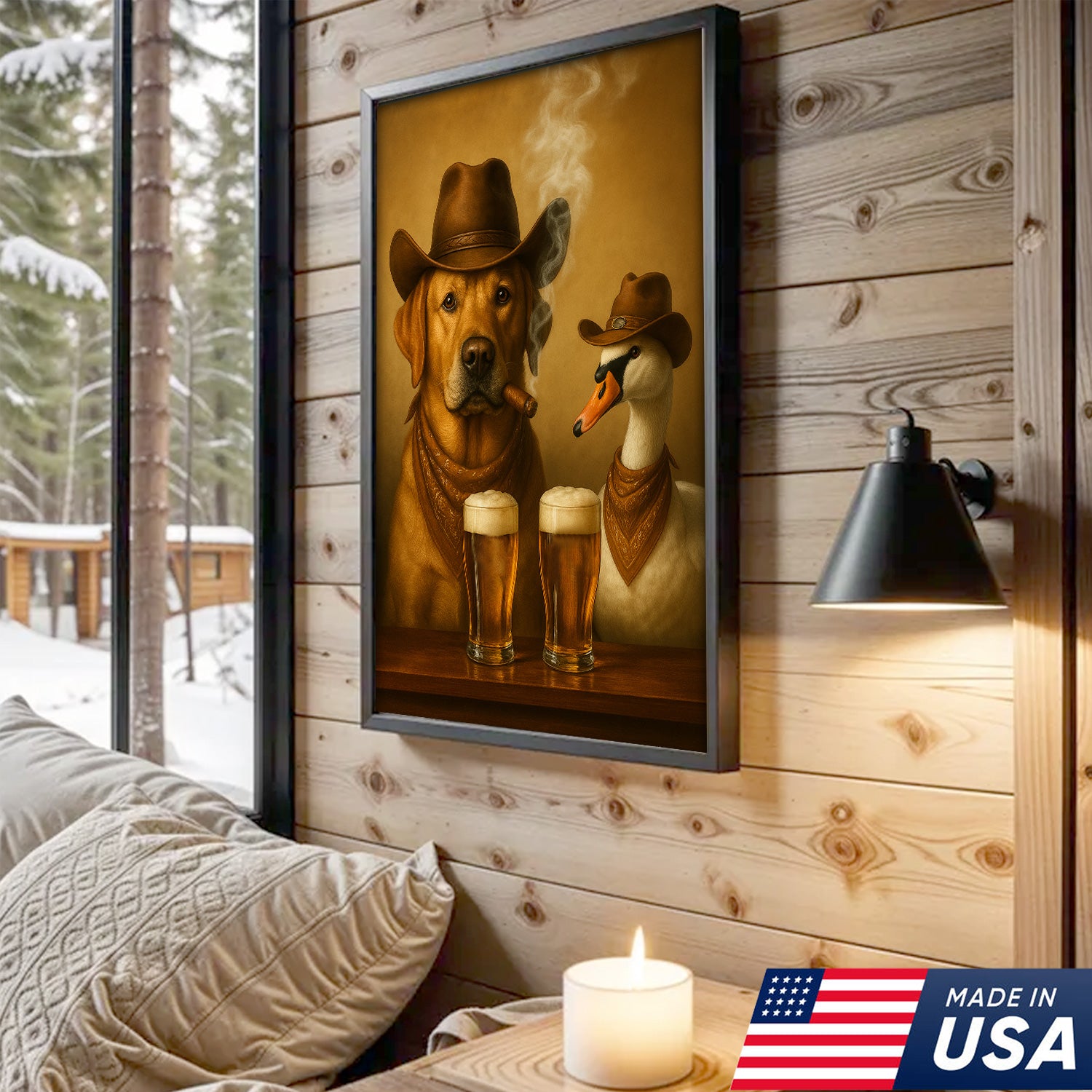 Funny Cowboy Dog & Geese Wall Art Canvas – Funny Beer & Smoking Canvas for Hunters, Cabin, Bar & Man Cave Decor