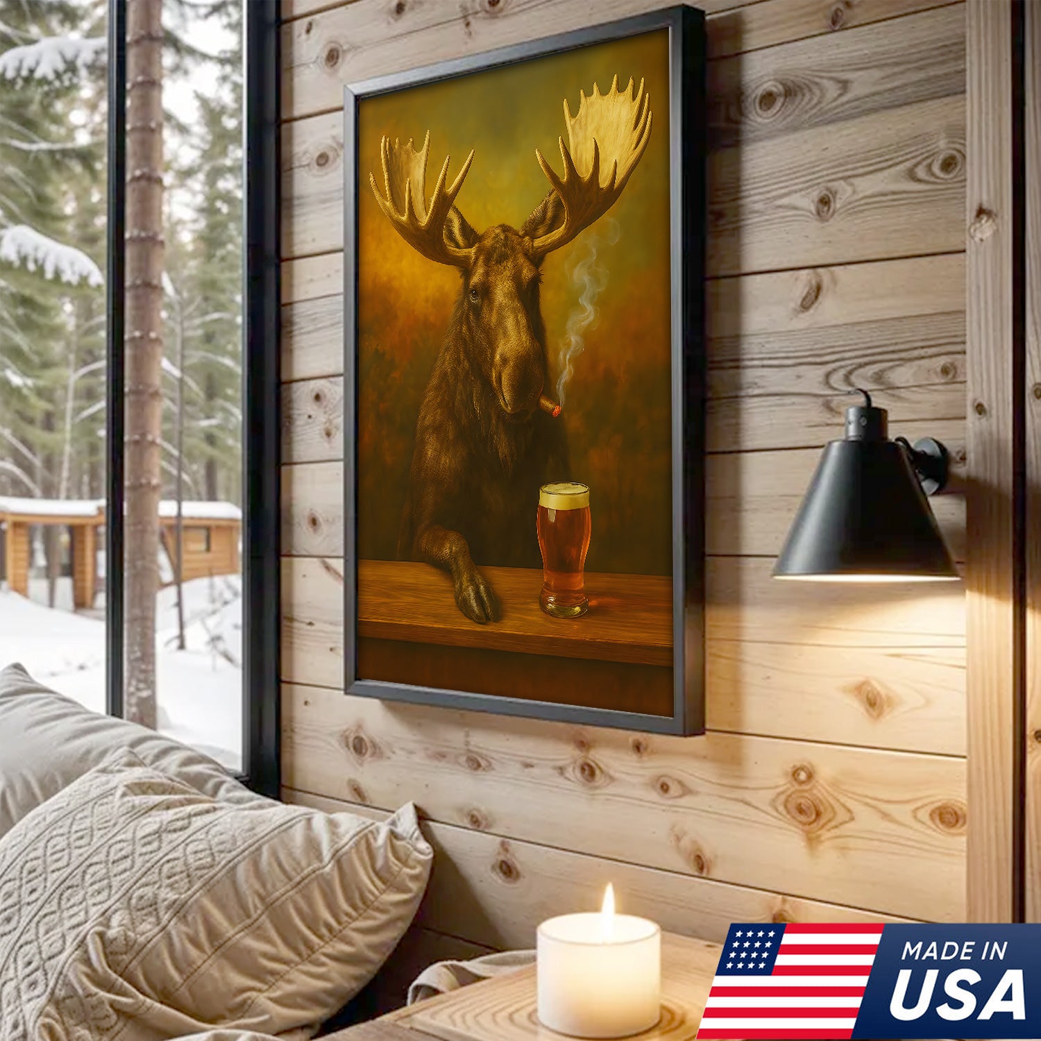 Moose Smoking & Drinking Canvas - Rustic Bar Wall Art Hunting Lodge & Man Cave Decor
