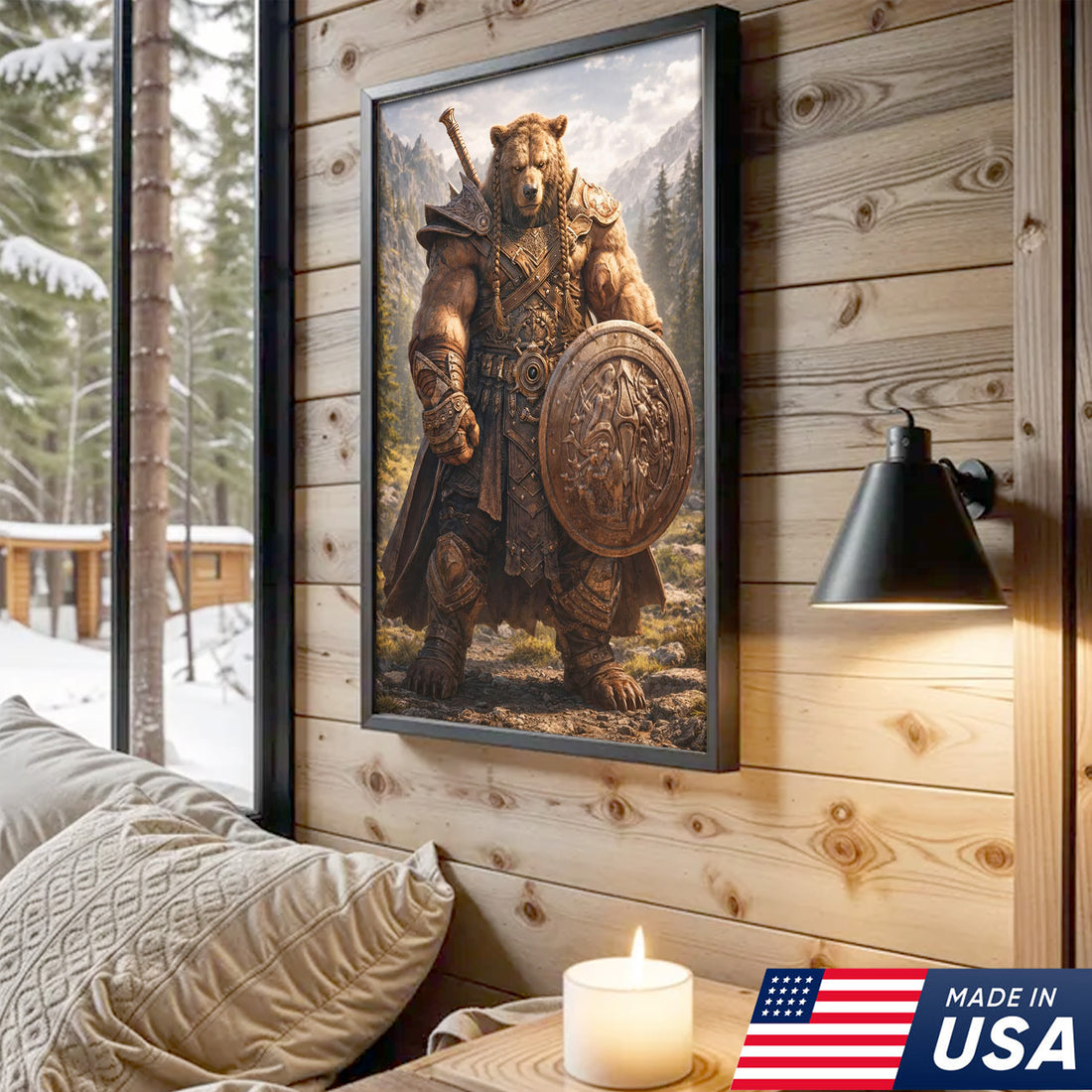 Viking Bear Warrior Canvas Wall Art – Epic Fantasy Animal Print with Sword & Shield