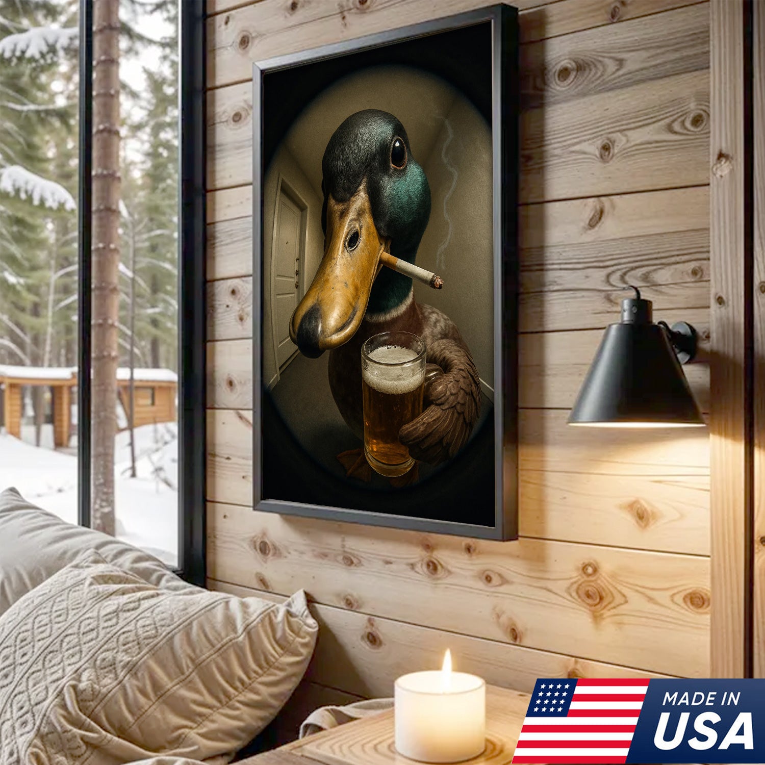 Mallard Duck Fisheye Canvas Wall Art – Funny Close-Up Door Peephole Portrait with Beer Glass– Quirky Duck Wall Decor