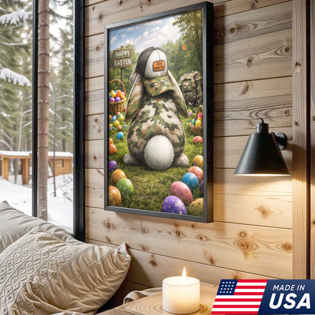 Funny Easter Bunny Hunter Canvas Wall Art, Camo Rabbit with Egg Hunter Hat