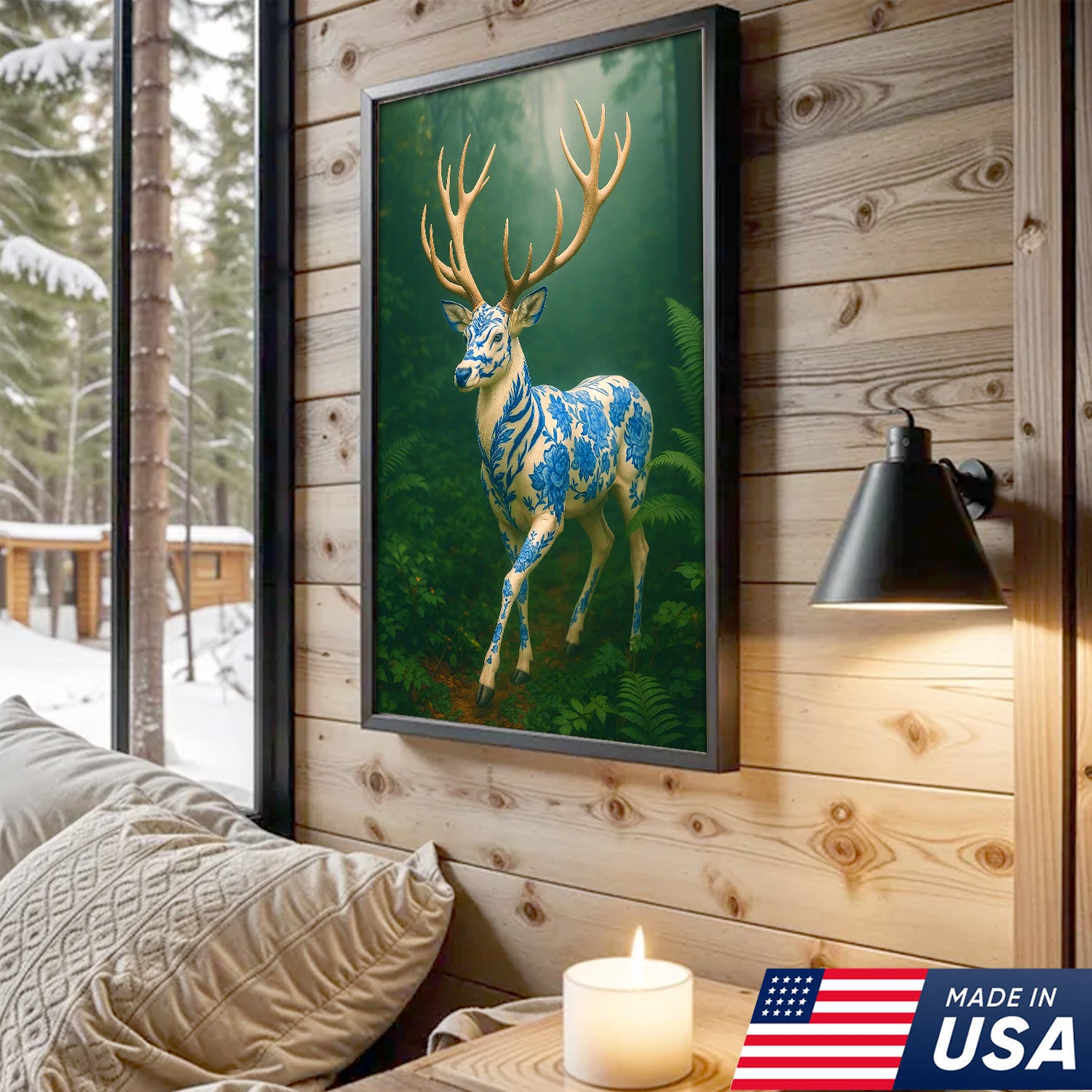 Blue Porcelain Deer Canvas, Elegant Woodland Art Print for Nature Lovers