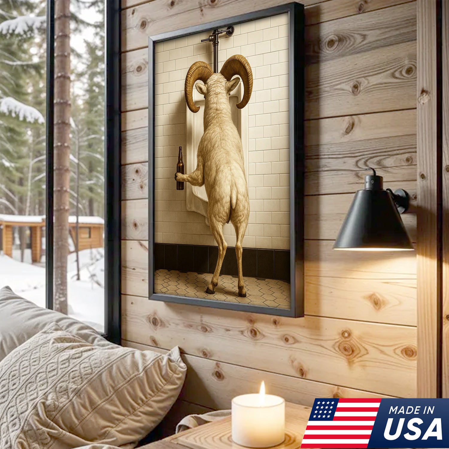 Whimsical Dall Sheep Canvas Wall Art - Funny Rustic Bathroom Decor for Cabin, Farmhouse, and Lodge - Wildlife Humor Print