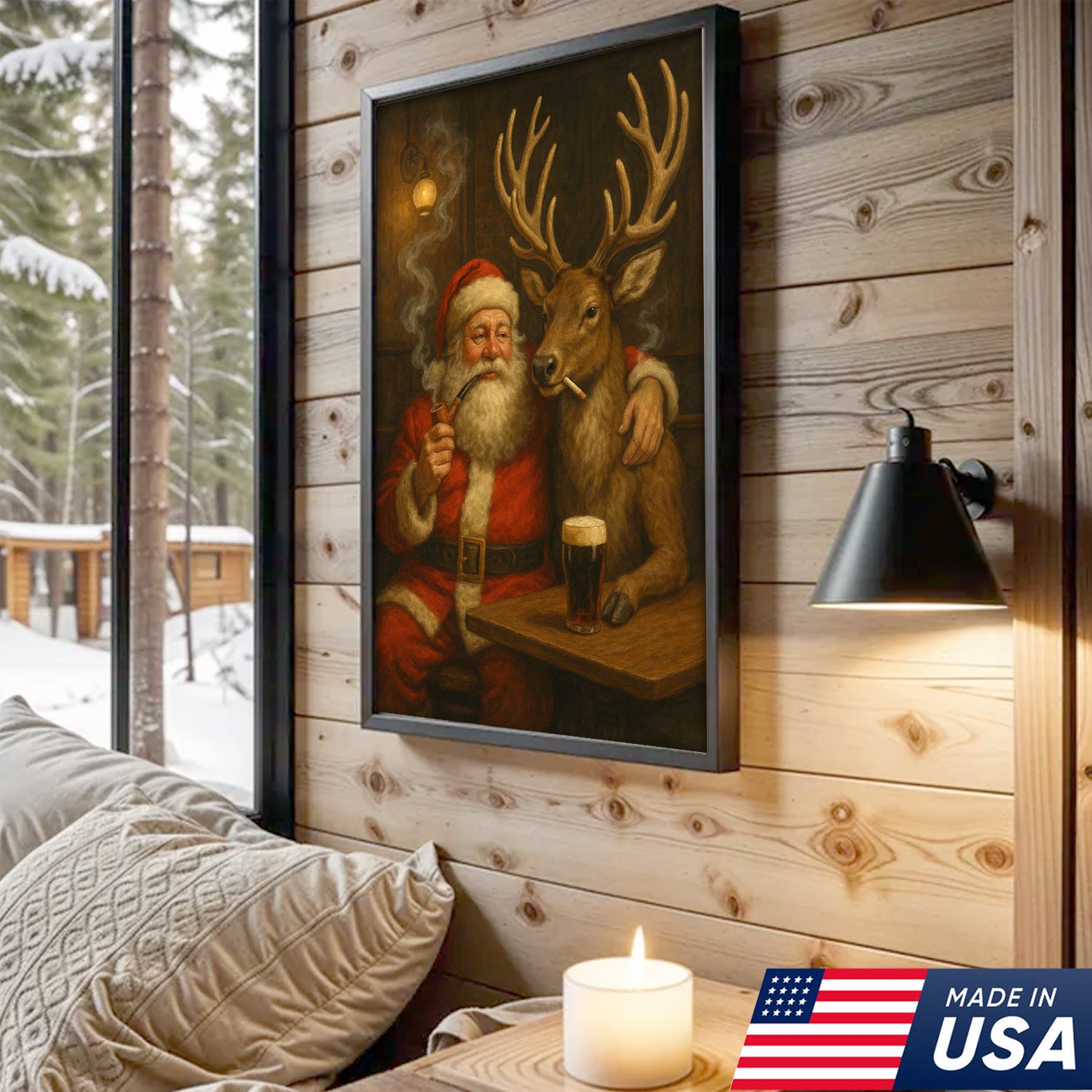 Funny Santa and Reindeer Wall Art Canvas – Rustic Christmas Lodge Decor – Holiday Deer Hunting Theme