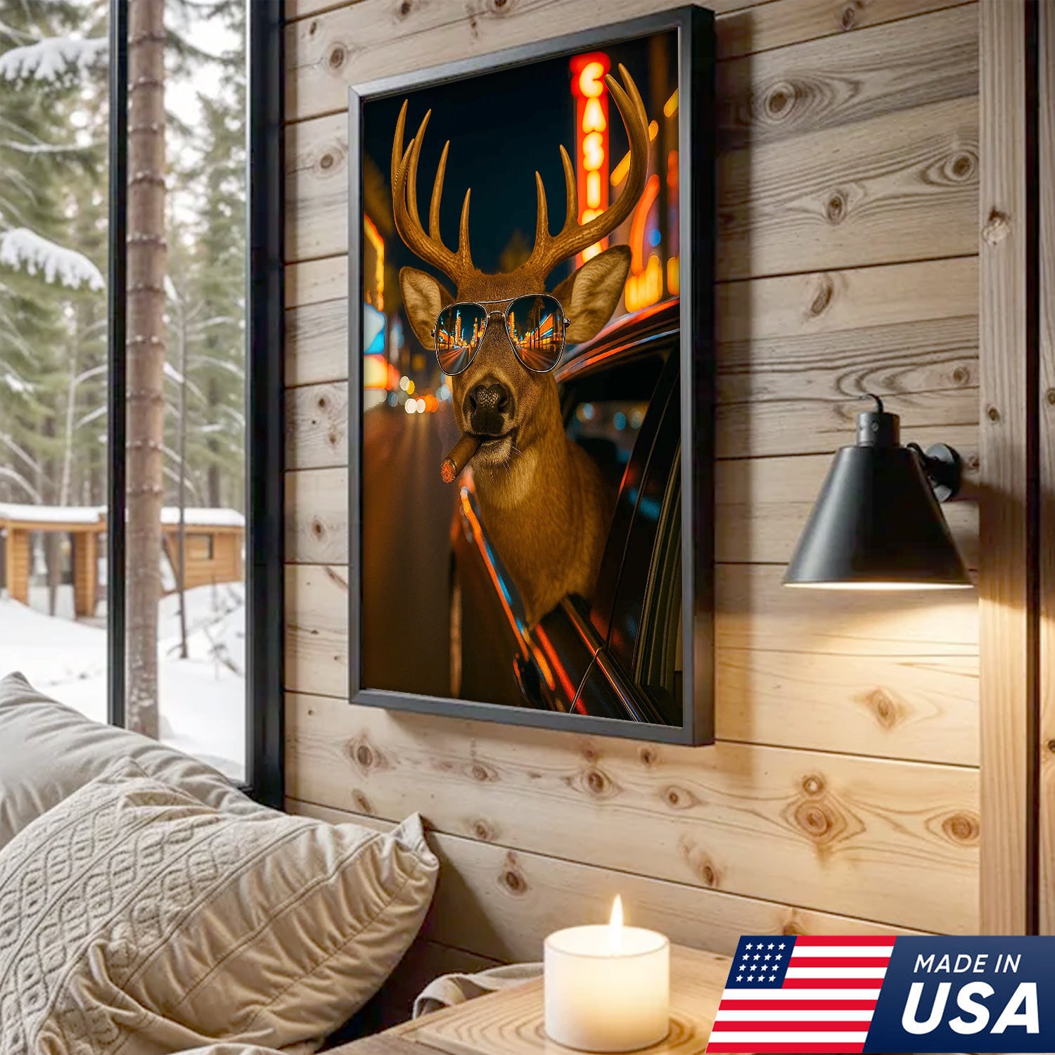 Cool Deer Canvas Wall Art - Funny Rustic Lodge Decor with Sunglasses and Night City Vibes - Unique Wildlife Cabin Print