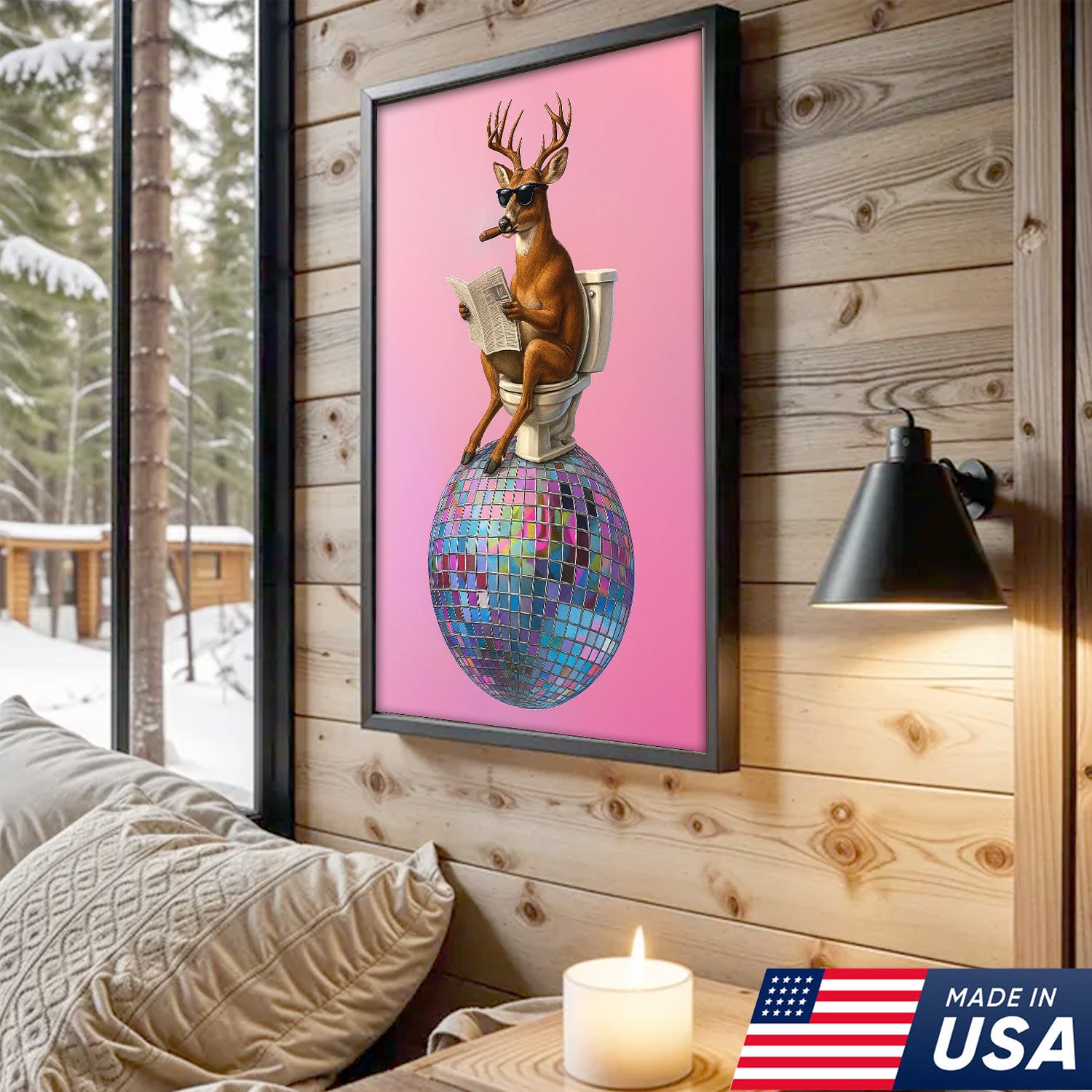 Deer Canvas Wall Art – Funny Buck Reading Newspaper on Toilet with Disco Ball Unique Bathroom Decor