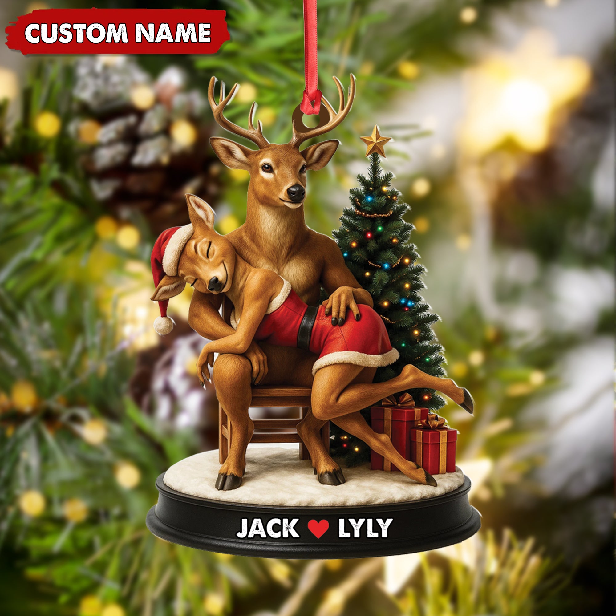 Personalized Acrylic Deer Couple Christmas Ornament – Romantic Holiday Decor for Couples & Wildlife Lovers