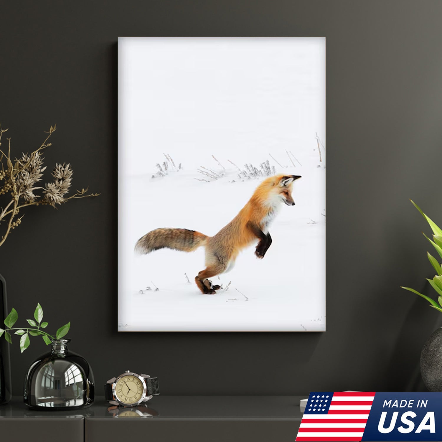 Funny Fox Snow Dive Triptych Canvas Wall Art Set, Playful Wildlife Winter Photography Prints