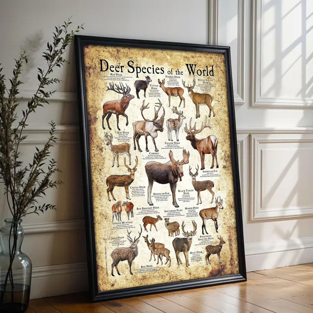 Deer Species of the World Poster Canvas - Guide for Hunting Enthusiasts, Featuring 20+ Deer Species and Their Unique Characteristics