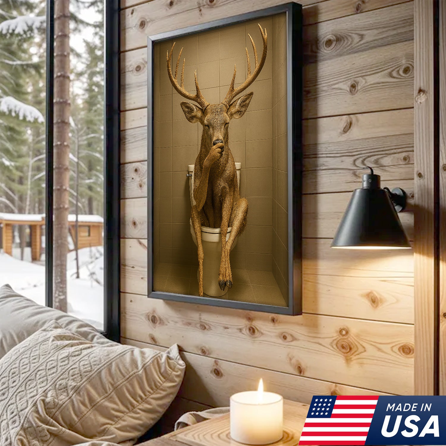 Funny Deer Bathroom Canvas Wall Art – Rustic Toilet Canvas for Cabin, Lodge & Man Cave Decor