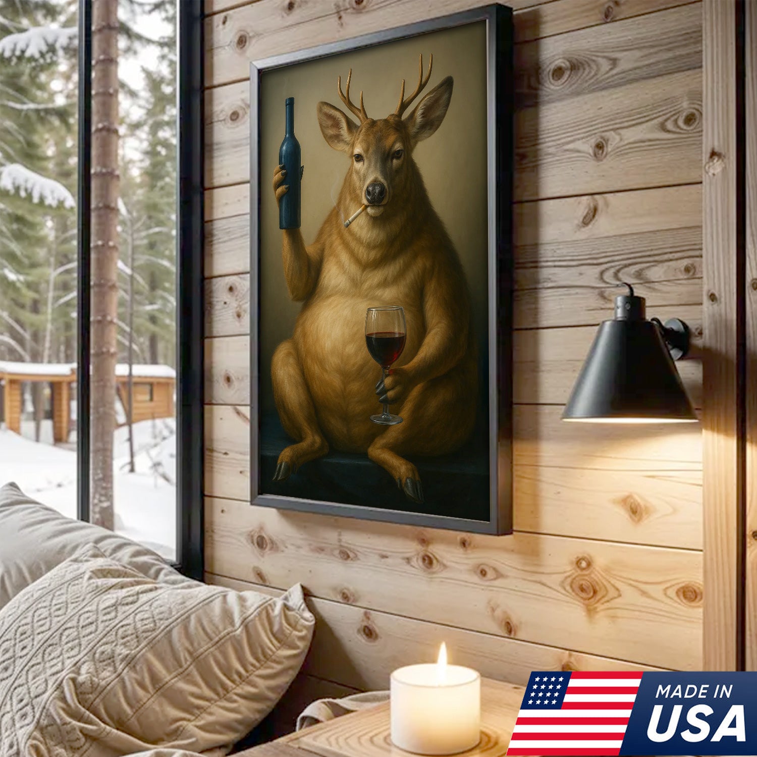 Funny Deer Wall Art Canvas – Fat Buck with Wine Glass Rustic Lodge Decor – Whimsical Wildlife Hunting Home Decoration