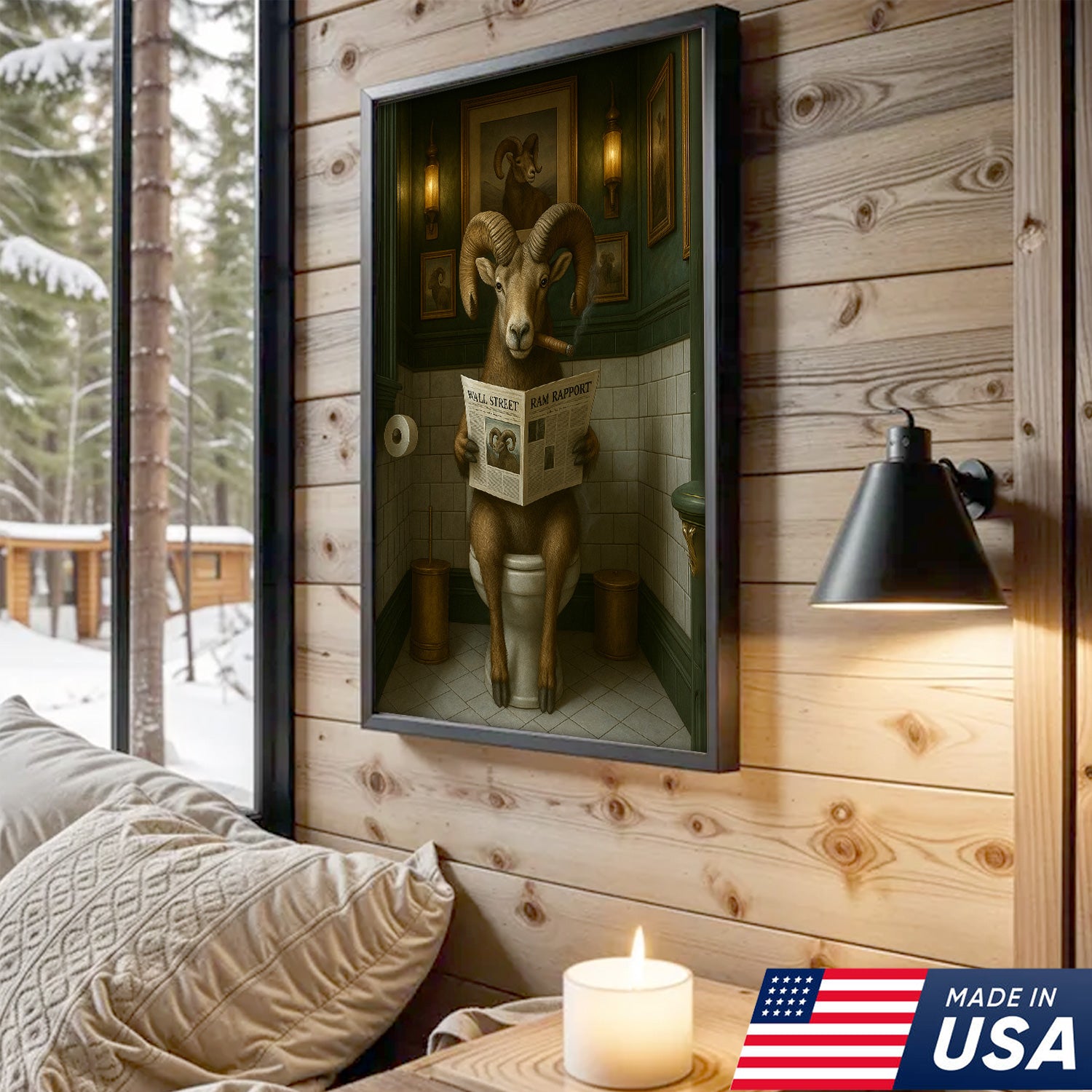 Mountain Goat Toilet Humor Canvas – Funny Hunting Bathroom Wall Art for Hunters, Cabin, Lodge & Country Home
