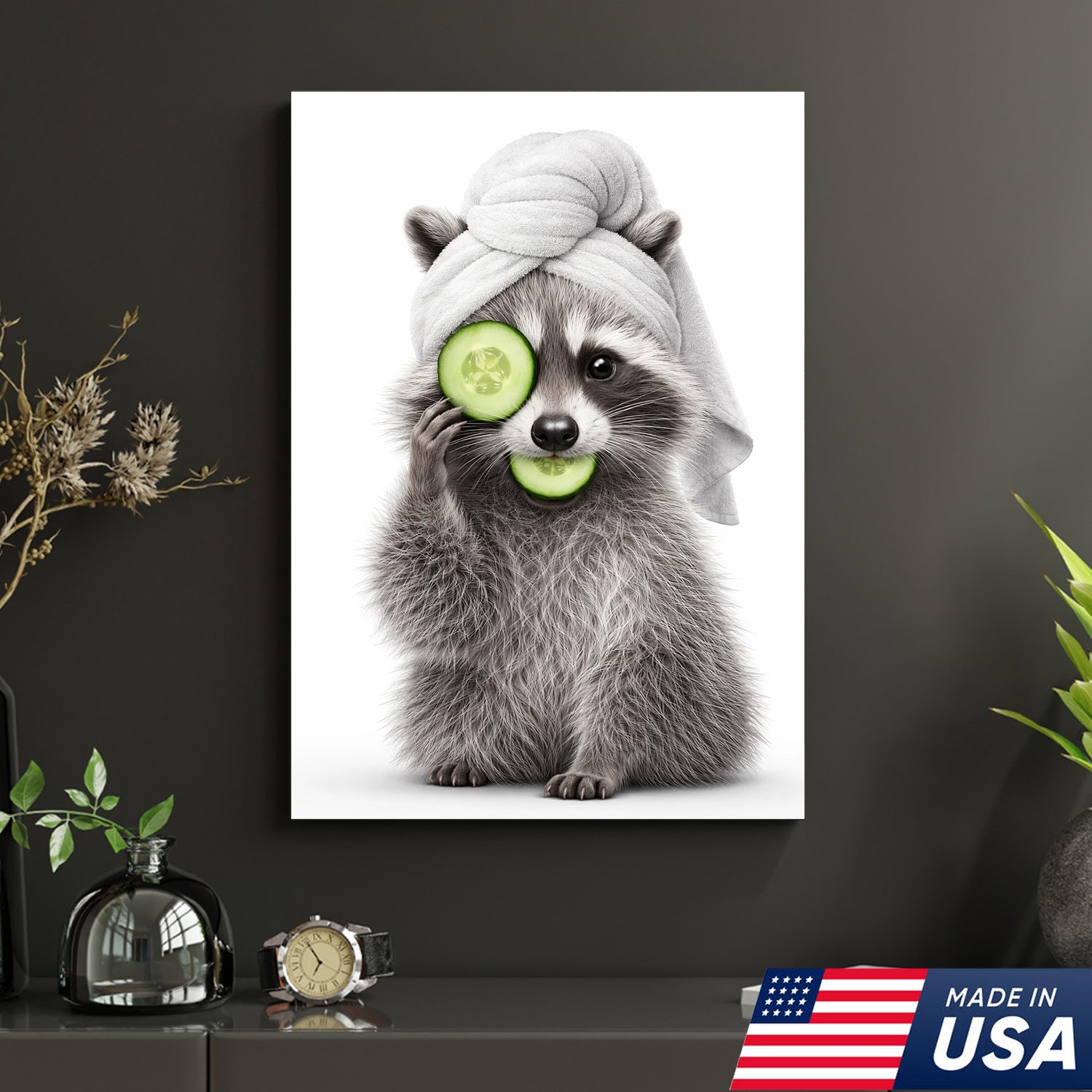 Funny Raccoon Wall Art Canvas Set, Cute Animal Bathroom Humor Triptych Print