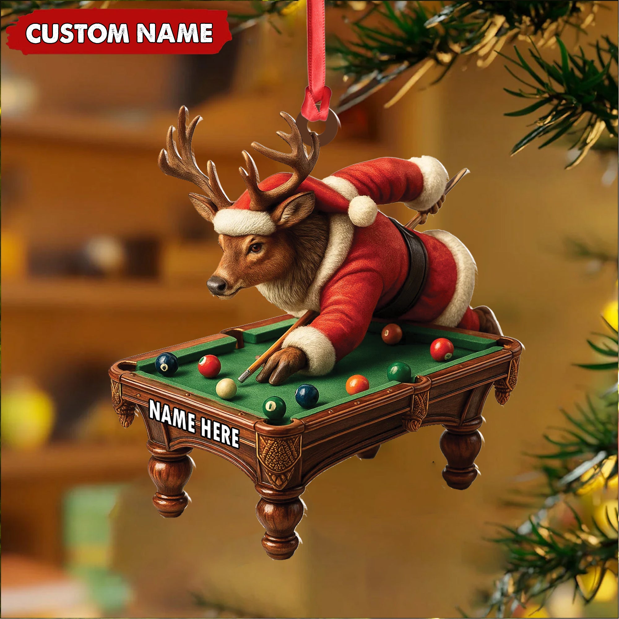 Personalized Acrylic Deer Christmas Ornament – Funny Buck Playing Pool in Santa Outfit Holiday Decor