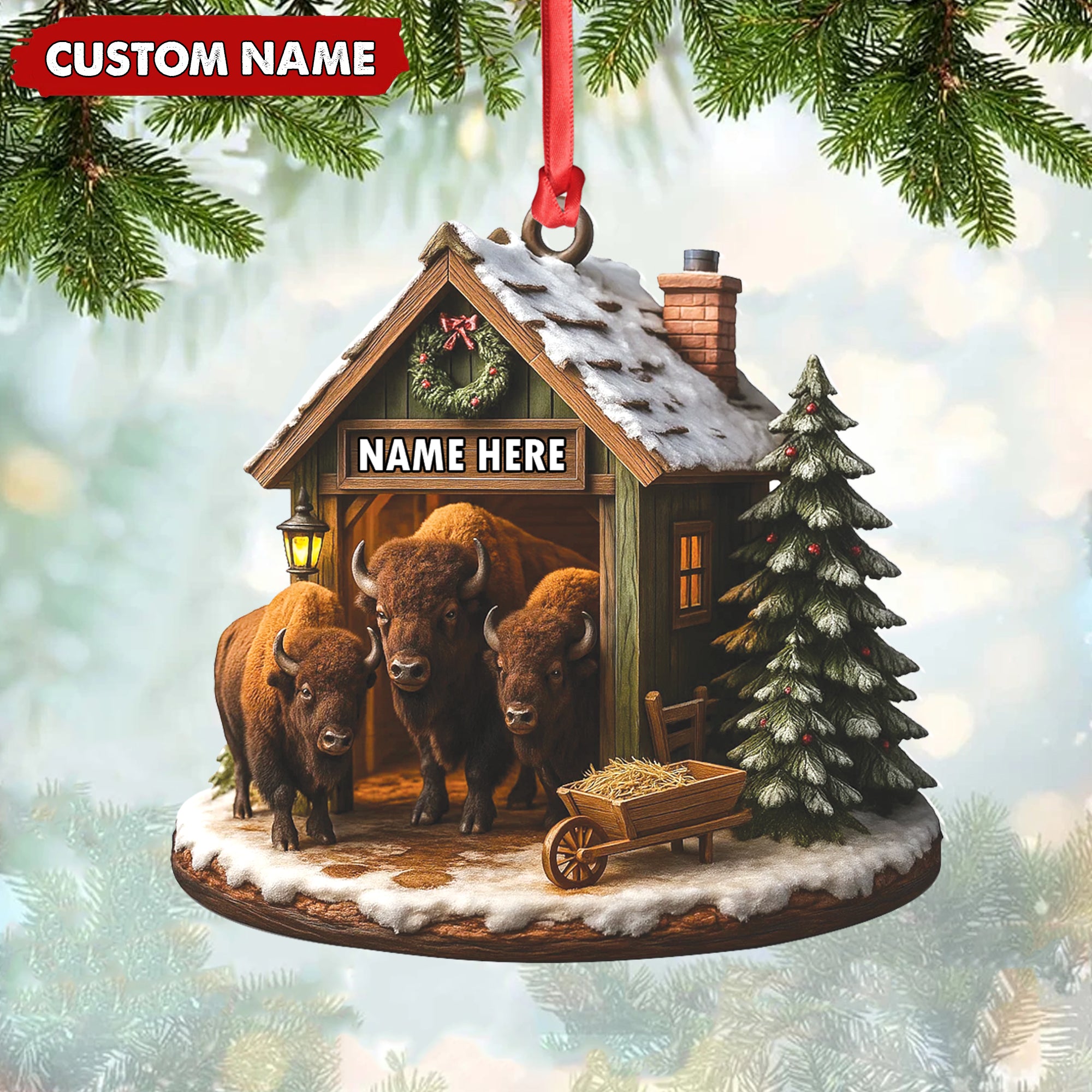 Personalized Acrylic Bison Christmas Ornament – Custom Buffalo Barn Holiday Decor