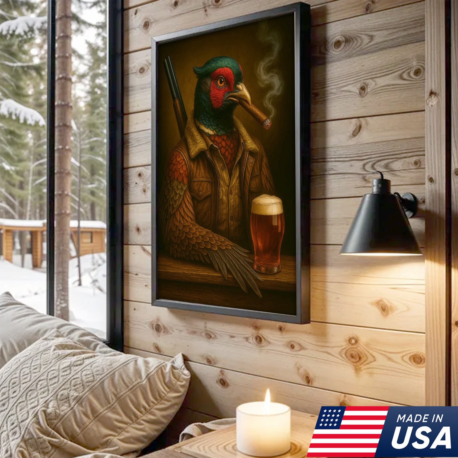 Wild Pheasant Canvas Wall Art – Surreal Hunter Portrait with Beer Glass, Bold Rustic Decor