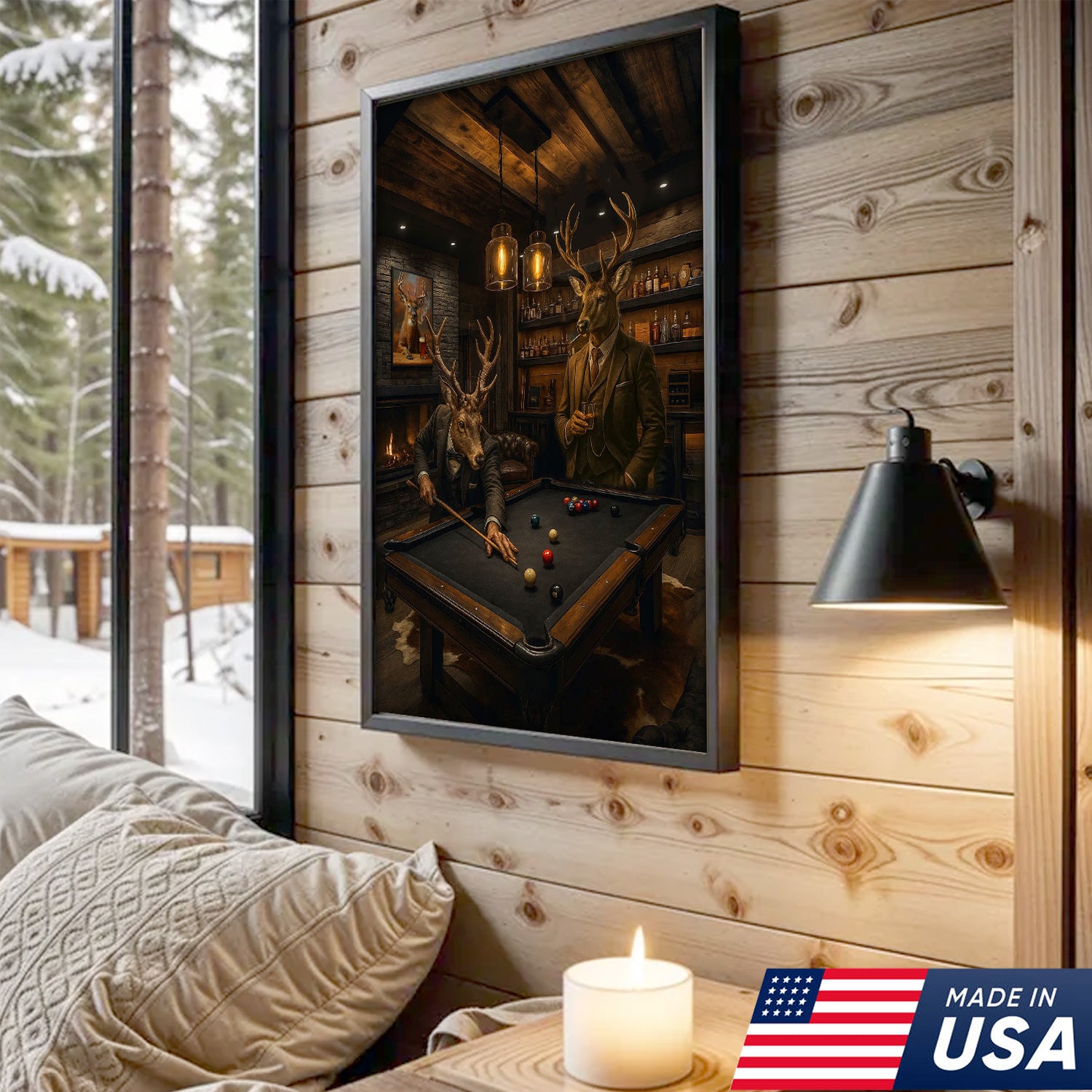 Deer Gentlemen Billiards Canvas Wall Art – Whitetail Bucks in Suits at Pool Table – Lodge Game Room Decor