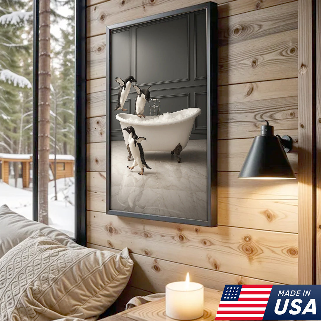 Penguin Bathroom Wall Art Canvas, Cute Penguins Bubble Bath Kids Bathroom Decor