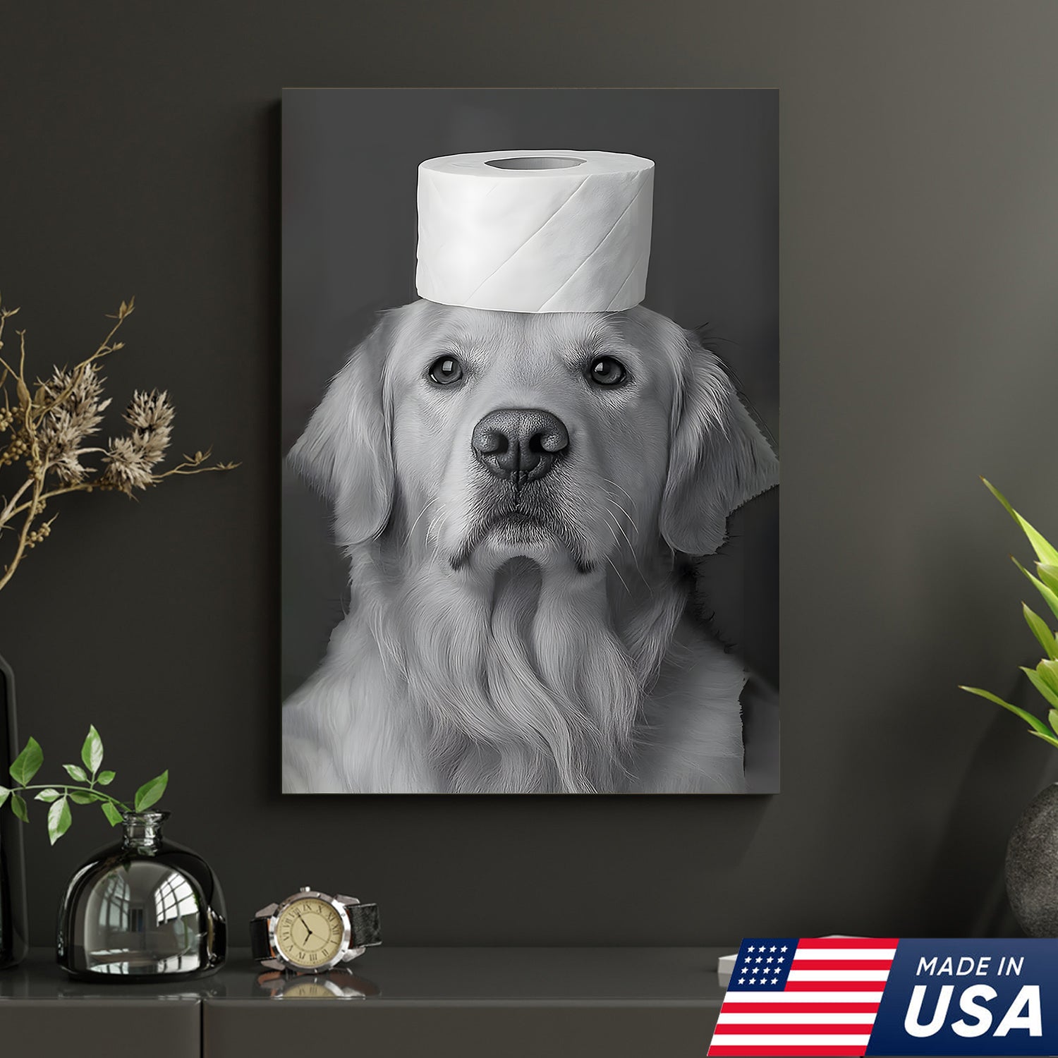 Funny Dog Bathroom Triptych Canvas Wall Art Set, Black and Golden Retriever Bath Humor