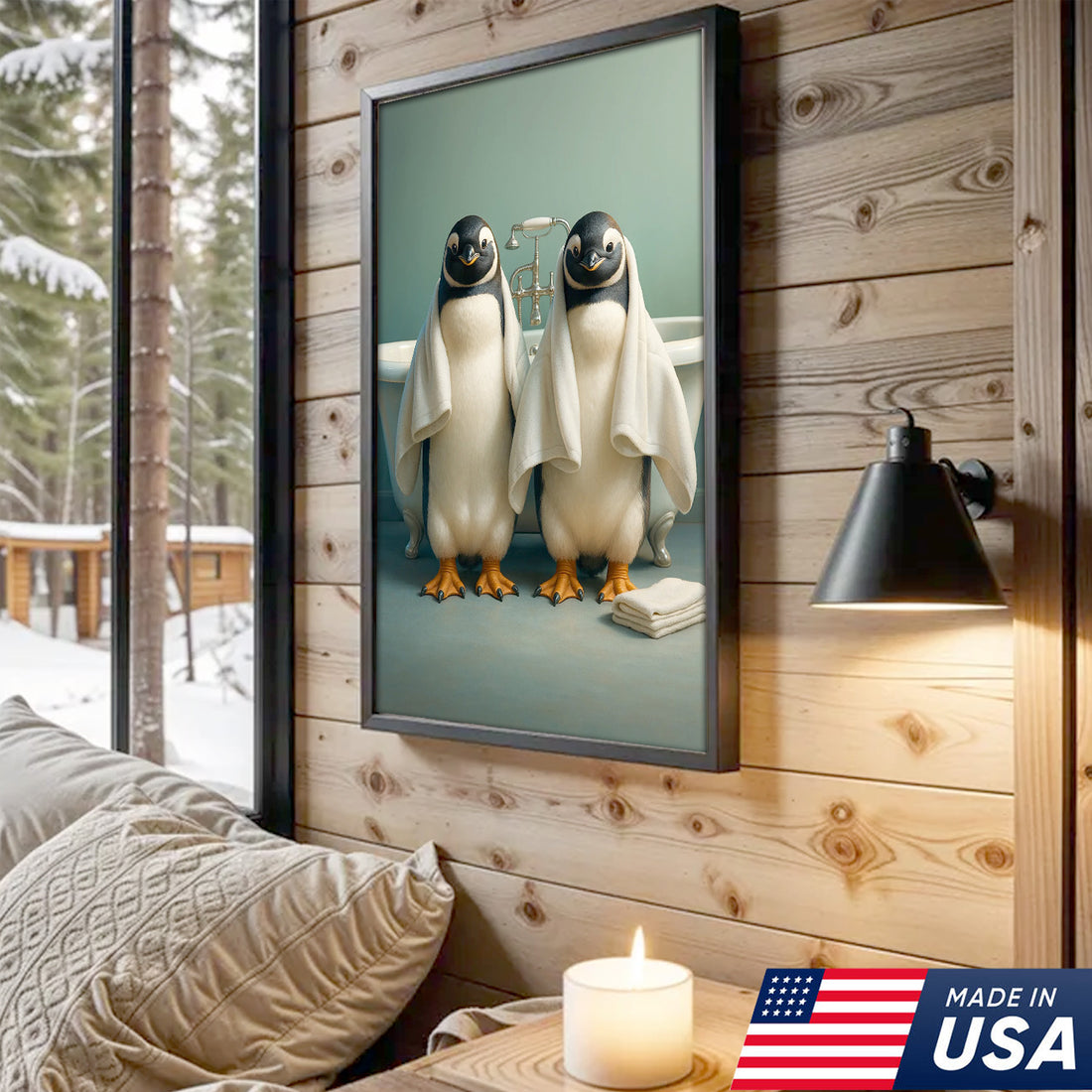 Cute Penguin Twins Bathroom Wall Art Canvas, Adorable Towel Penguins Kids Bath Decor