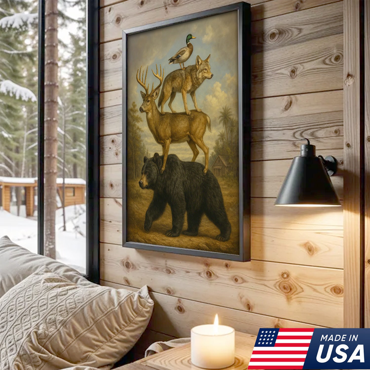 Epic Wildlife Stacking Canvas Wall Art – Bear, Deer, Coyote & Duck – Rustic Hunting Cabin Decor